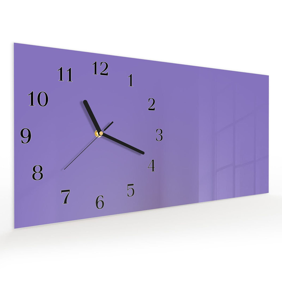 Vormontiert – mit Schwebeeffekt – Wanduhr Violetter Hintergrund I aus Glas – Querformat 60 × 30 cm