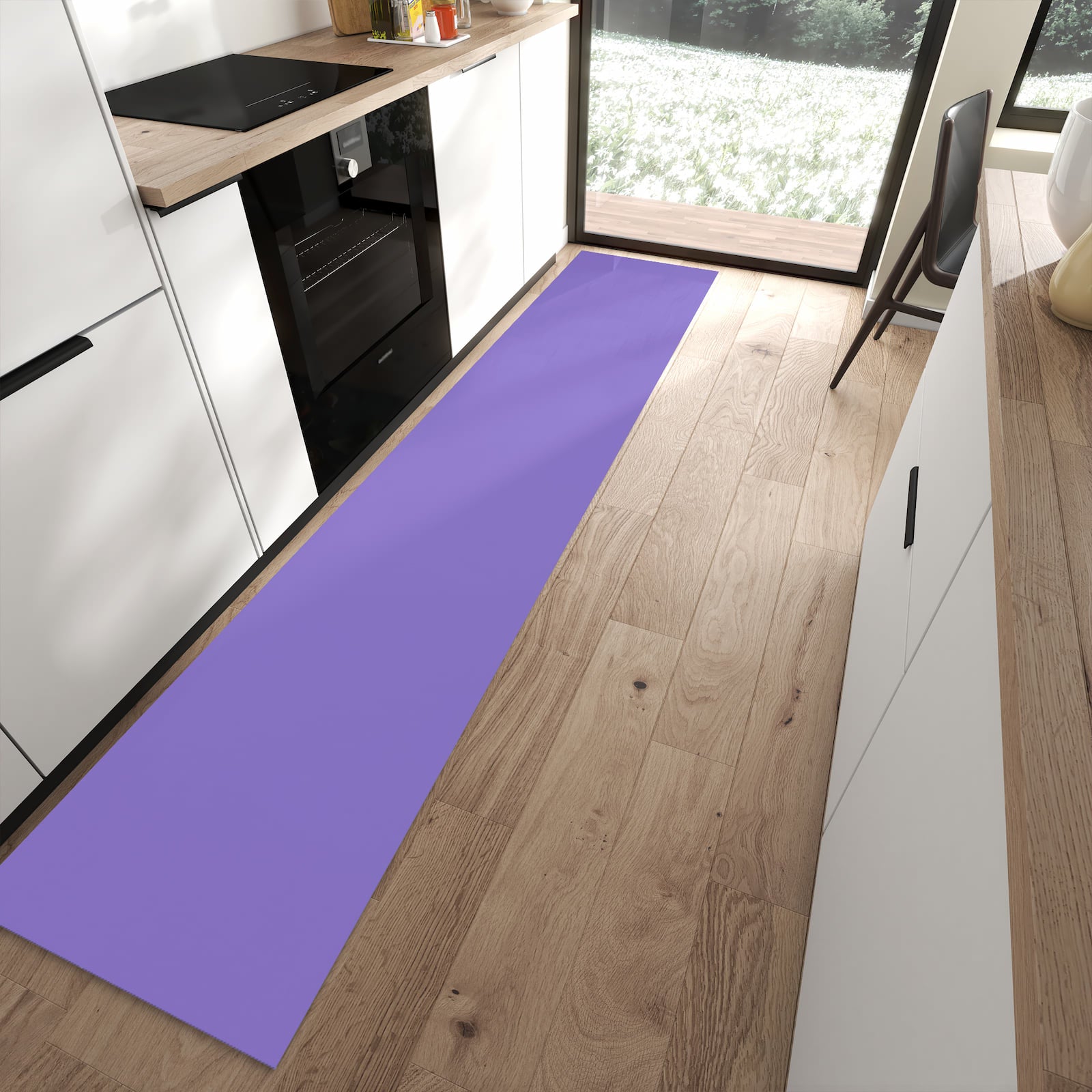 Rutschfester Küchenteppich mit Motiv Violetter Hintergrund I in moderner Küche