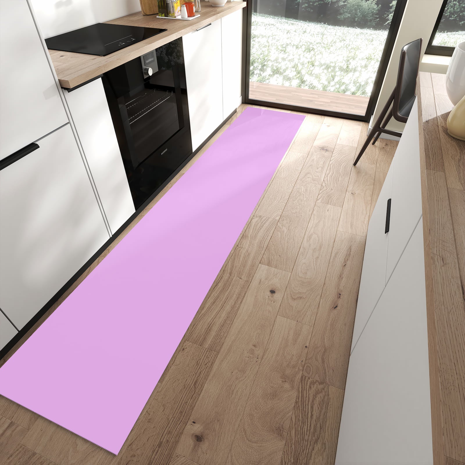 Zeitsparender rutschfester Küchenläufer mit Motiv Violetter Hintergrund II in moderner Küche