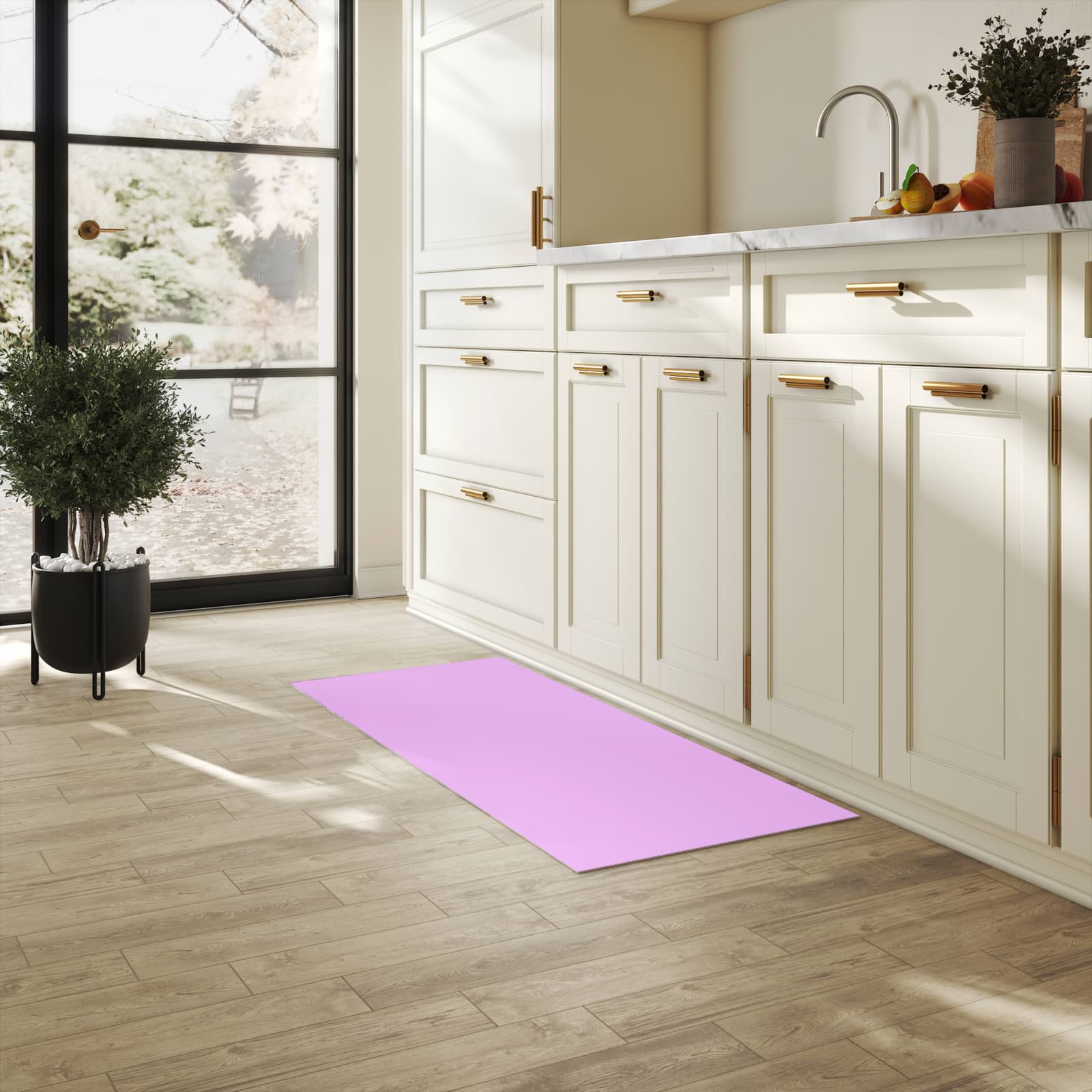 Abriebfester Küchenläufer mit Motiv Violetter Hintergrund II in heller Küche