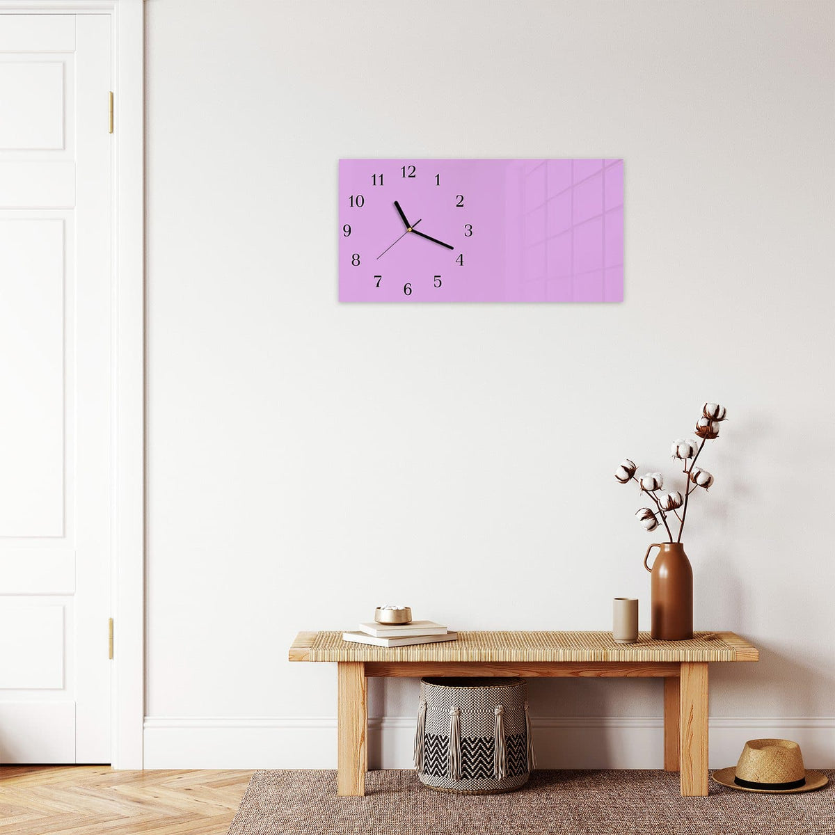 Moderne Wanduhr aus Glas mit Farbtiefe – Wanduhr Violetter Hintergrund II aus Glas – Querformat 60 × 30 cm