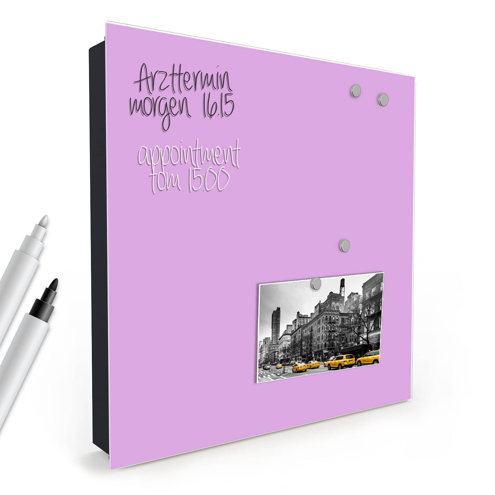 Schlüsselkasten mit Absenkautomatik und Motiv Violetter Hintergrund II in schräger Produktansicht mit Zubehör