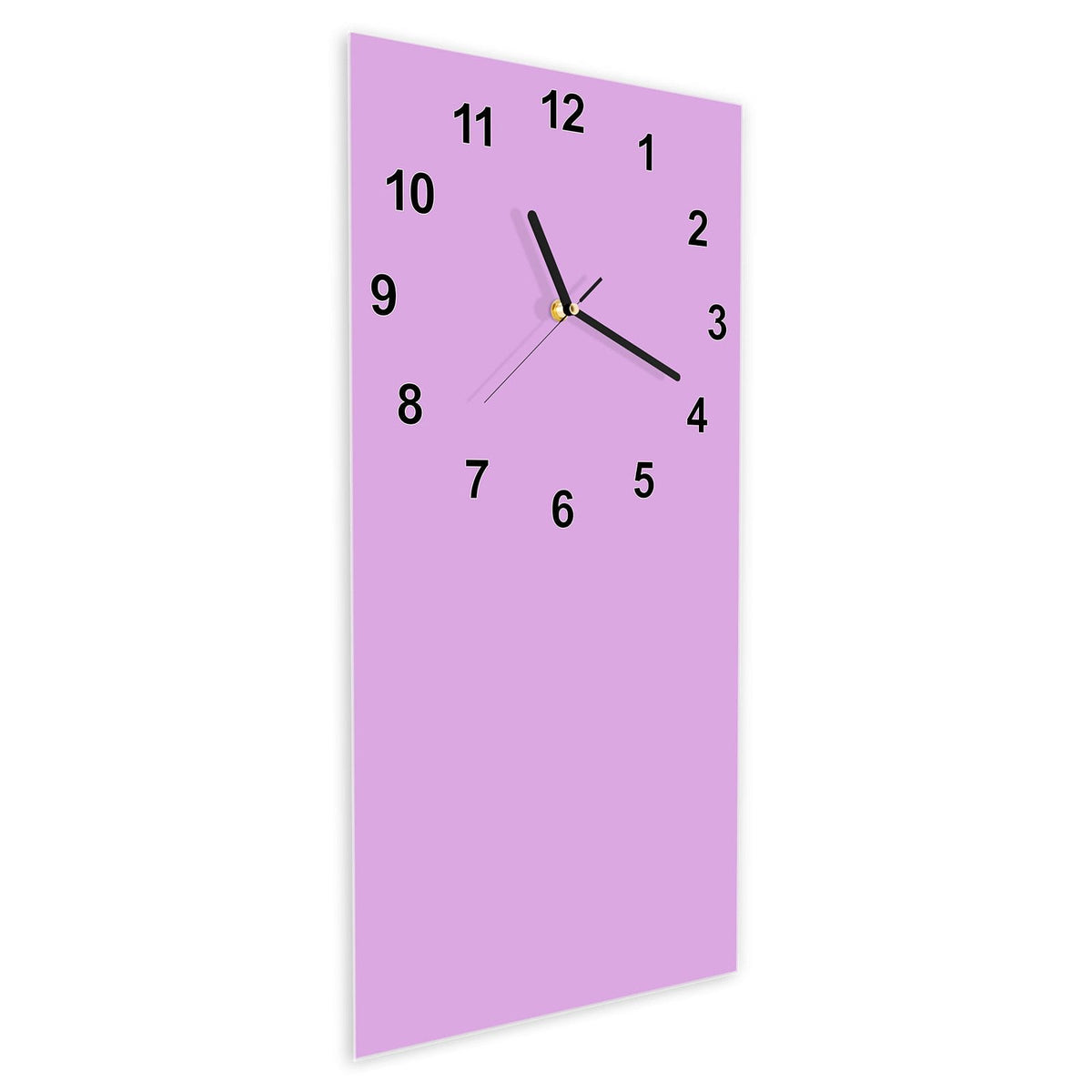 Wanduhr aus Glas im Hochformat Fliederlila schräg von der Seite, 4 mm starkes Glas