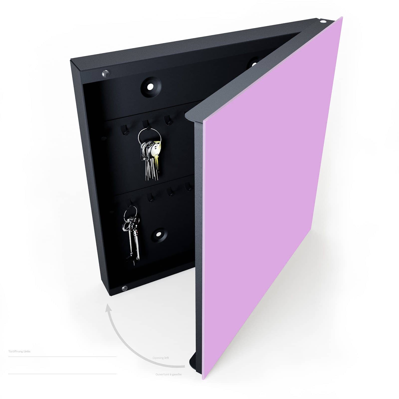 Rostfreier Schlüsselkasten mit Glasscheibe und Motiv Violetter Hintergrund II halboffen mit Schlüsseln