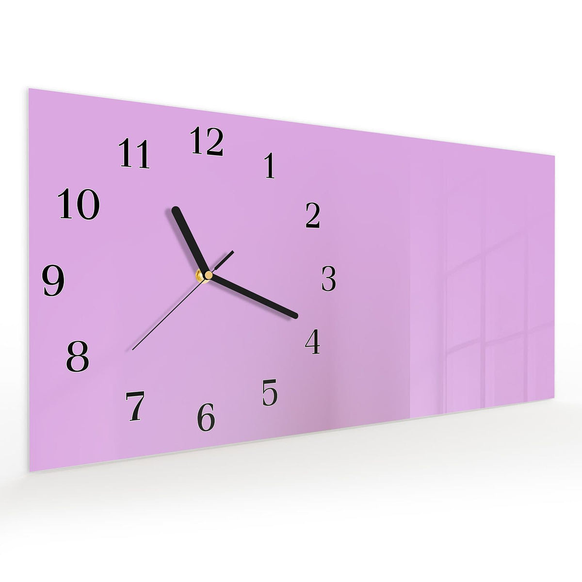 Vormontiert – mit Schwebeeffekt – Wanduhr Violetter Hintergrund II aus Glas – Querformat 60 × 30 cm