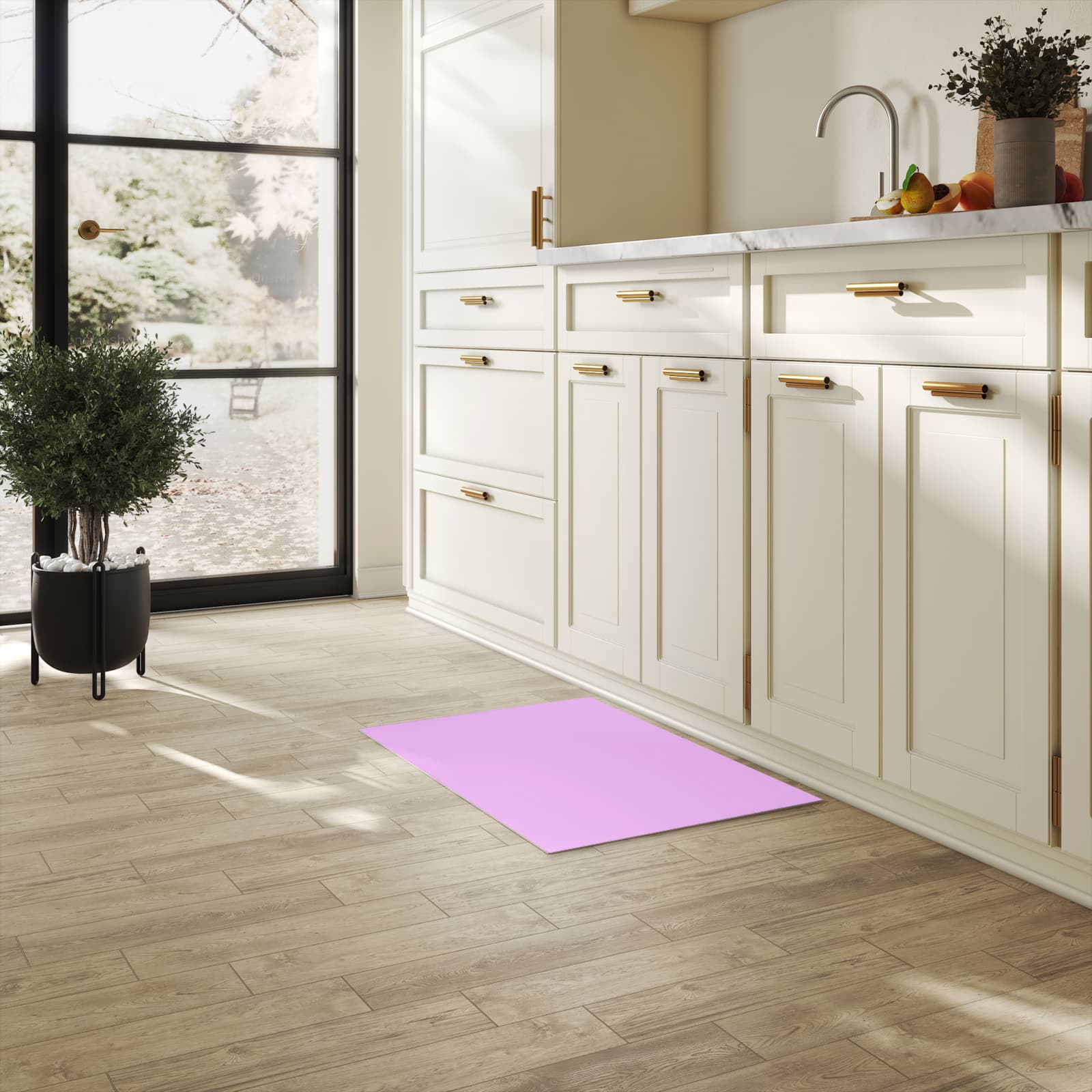 Schmutzabweisender Teppichläufer mit Motiv Violetter Hintergrund II in heller Küche