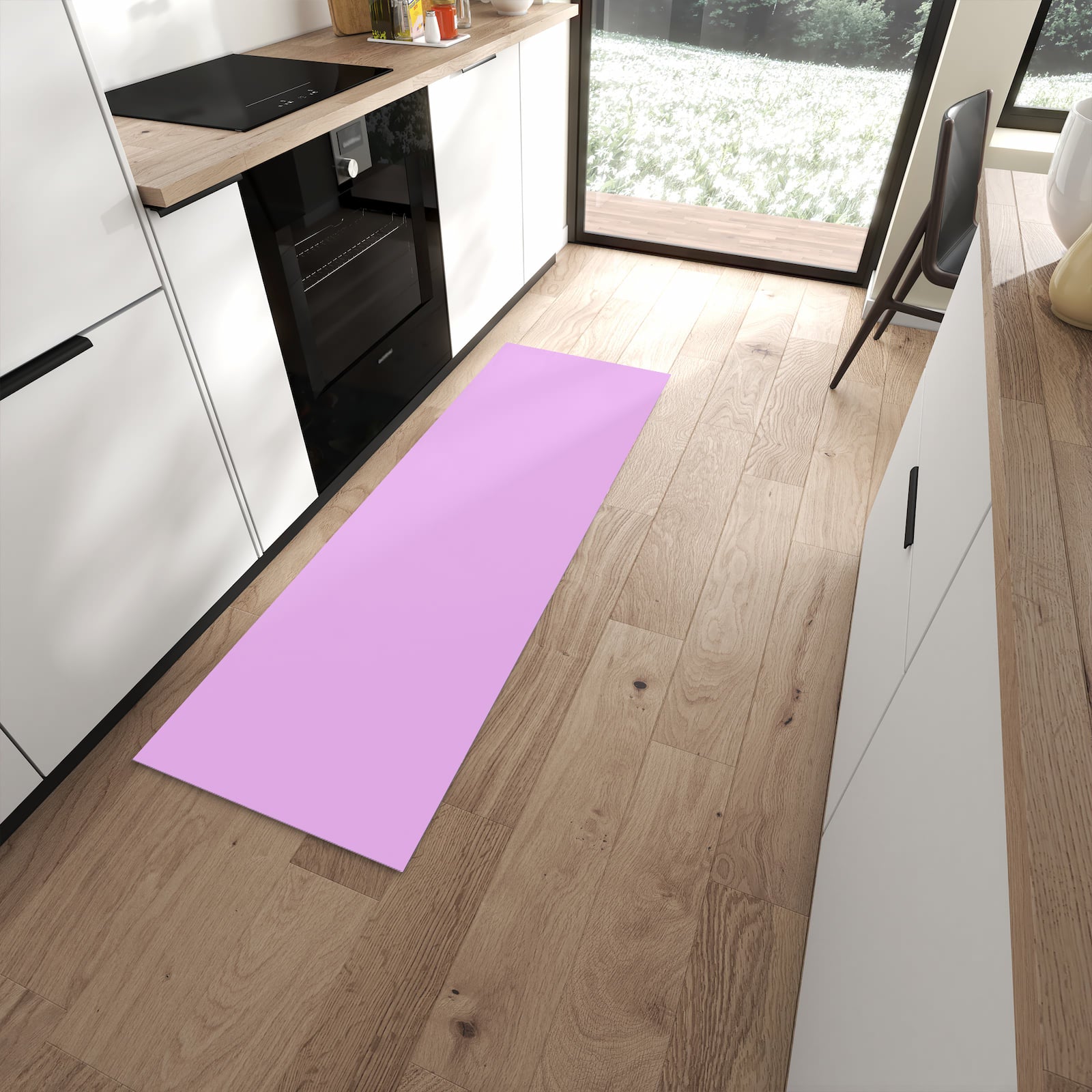 Farbbeständiger waschbarer Küchenläufer mit Motiv Violetter Hintergrund II in moderner Küche