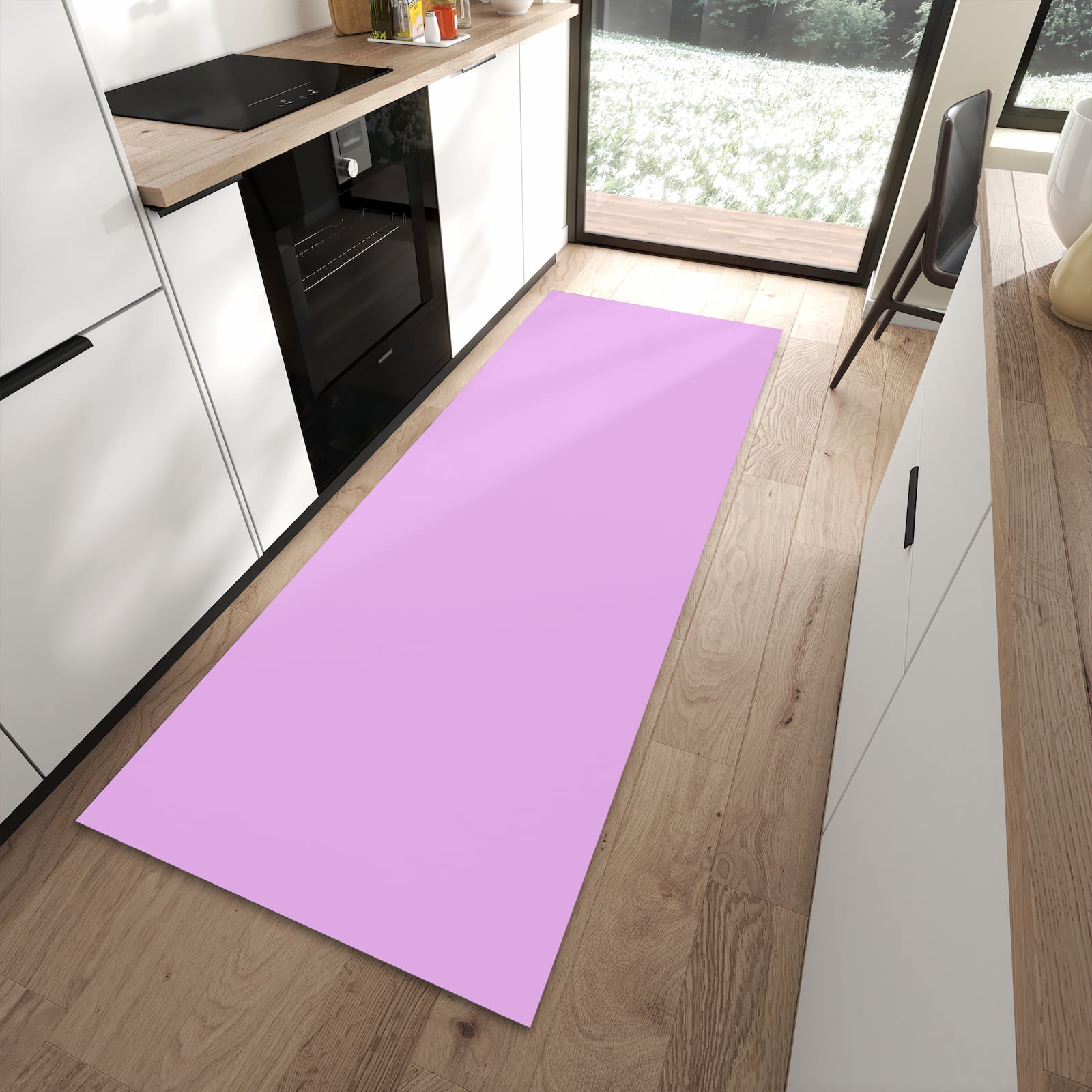 Schmutzabweisender Küchenläufer mit Motiv Violetter Hintergrund II in moderner Küche