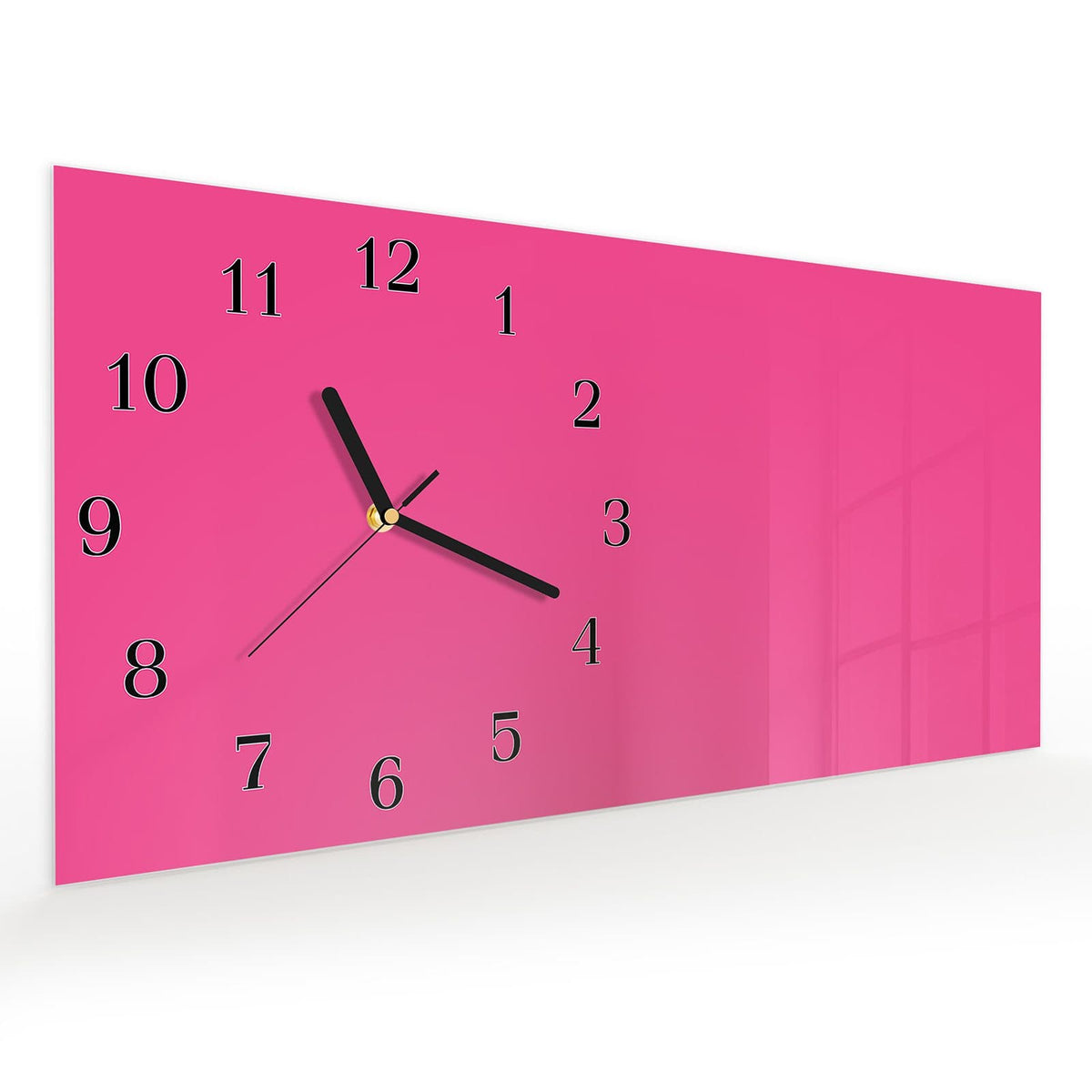Vormontiert – mit Schwebeeffekt – Wanduhr Pinker Hintergrund aus Glas – Querformat 60 × 30 cm