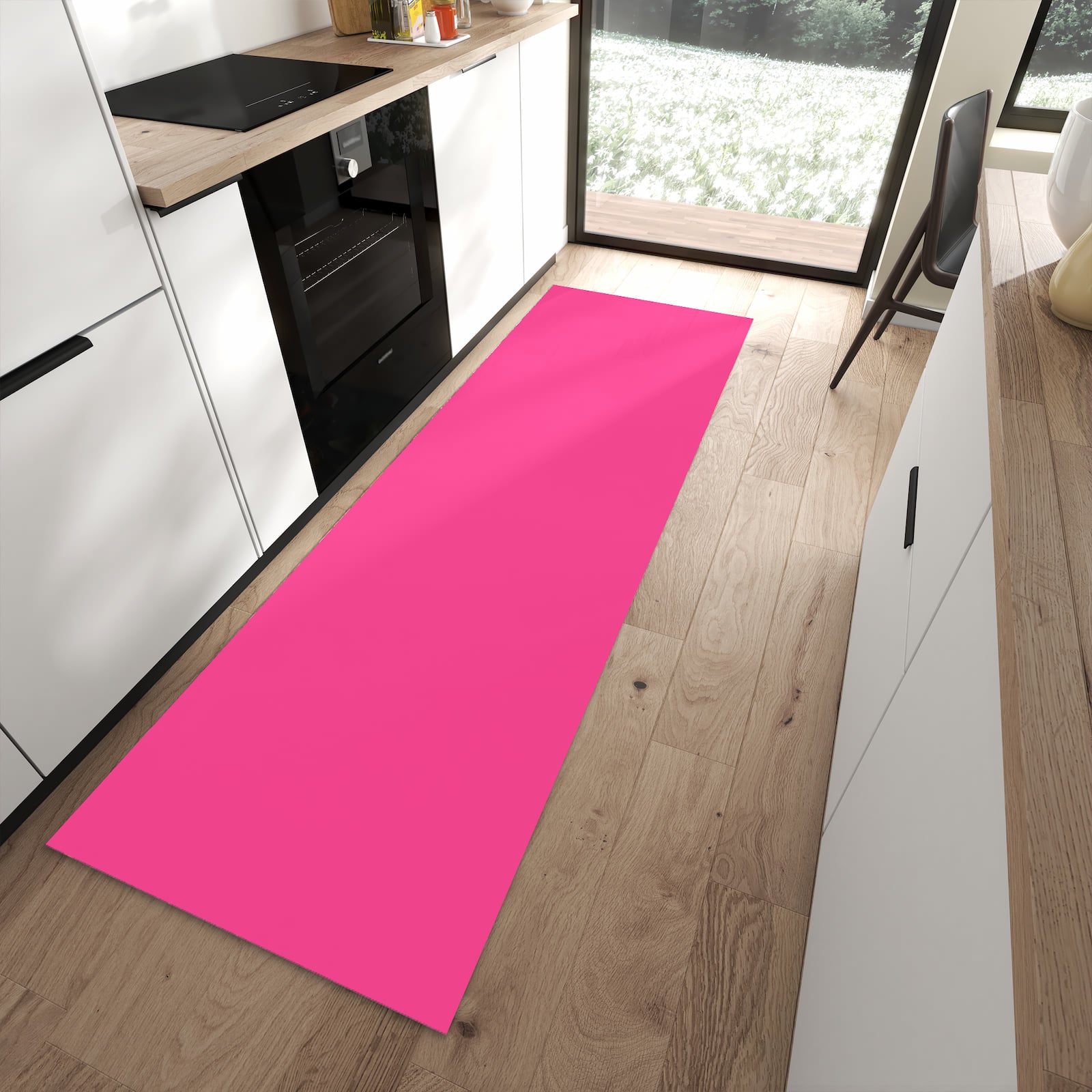 Waschbarer Küchenteppich mit Motiv Pinker Hintergrund in moderner Küche