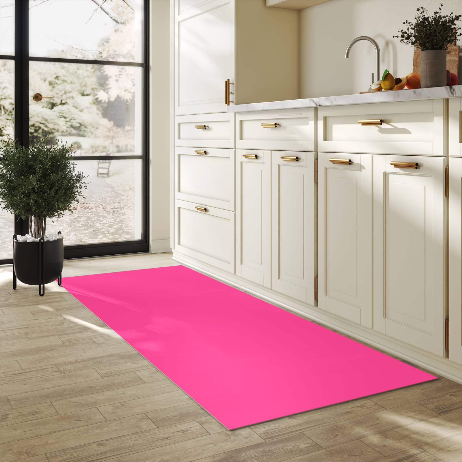 Zeitsparender Läufer Küche mit Motiv Pinker Hintergrund in heller Küche