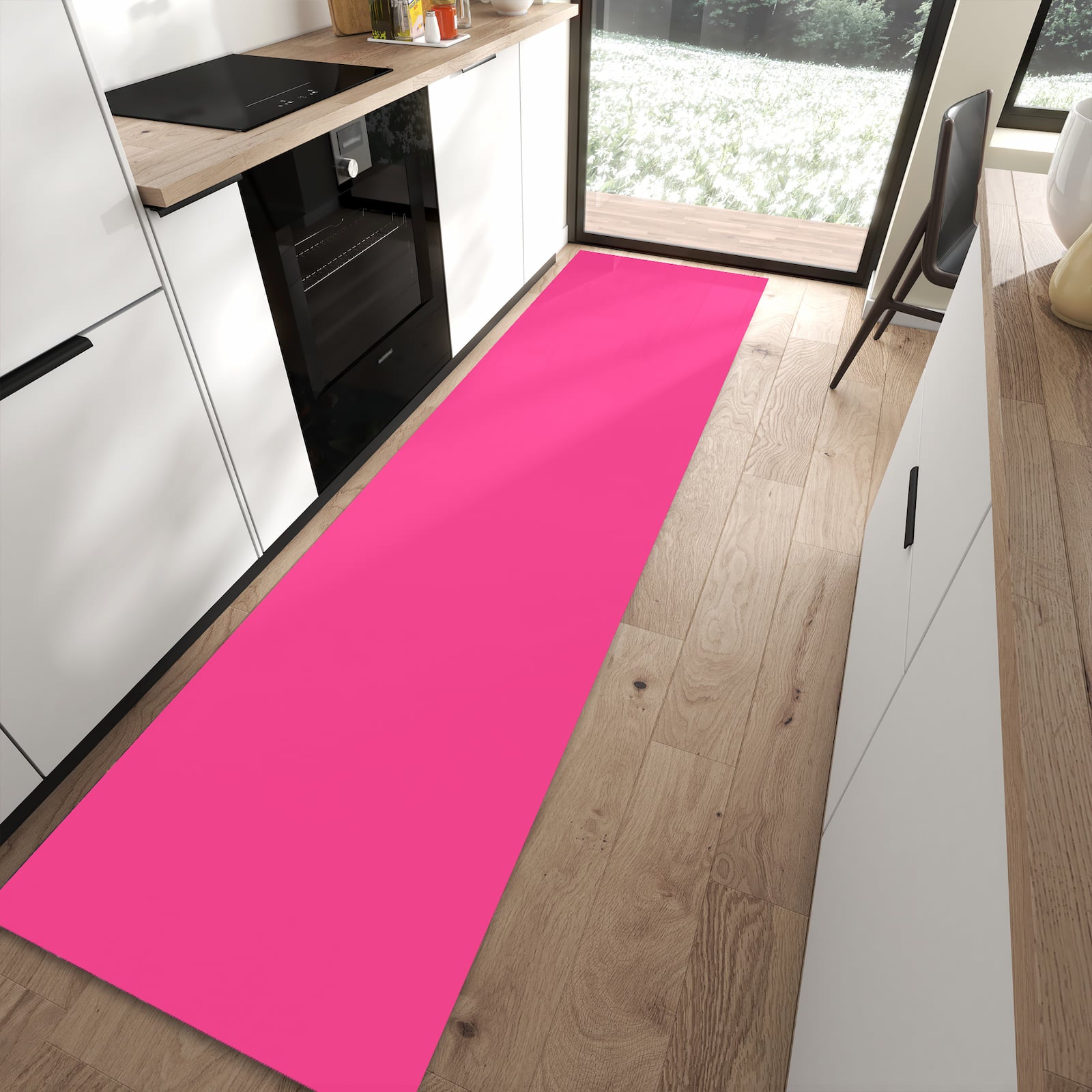 Rutschfester großer Küchenteppich mit Motiv Pinker Hintergrund in moderner Küche