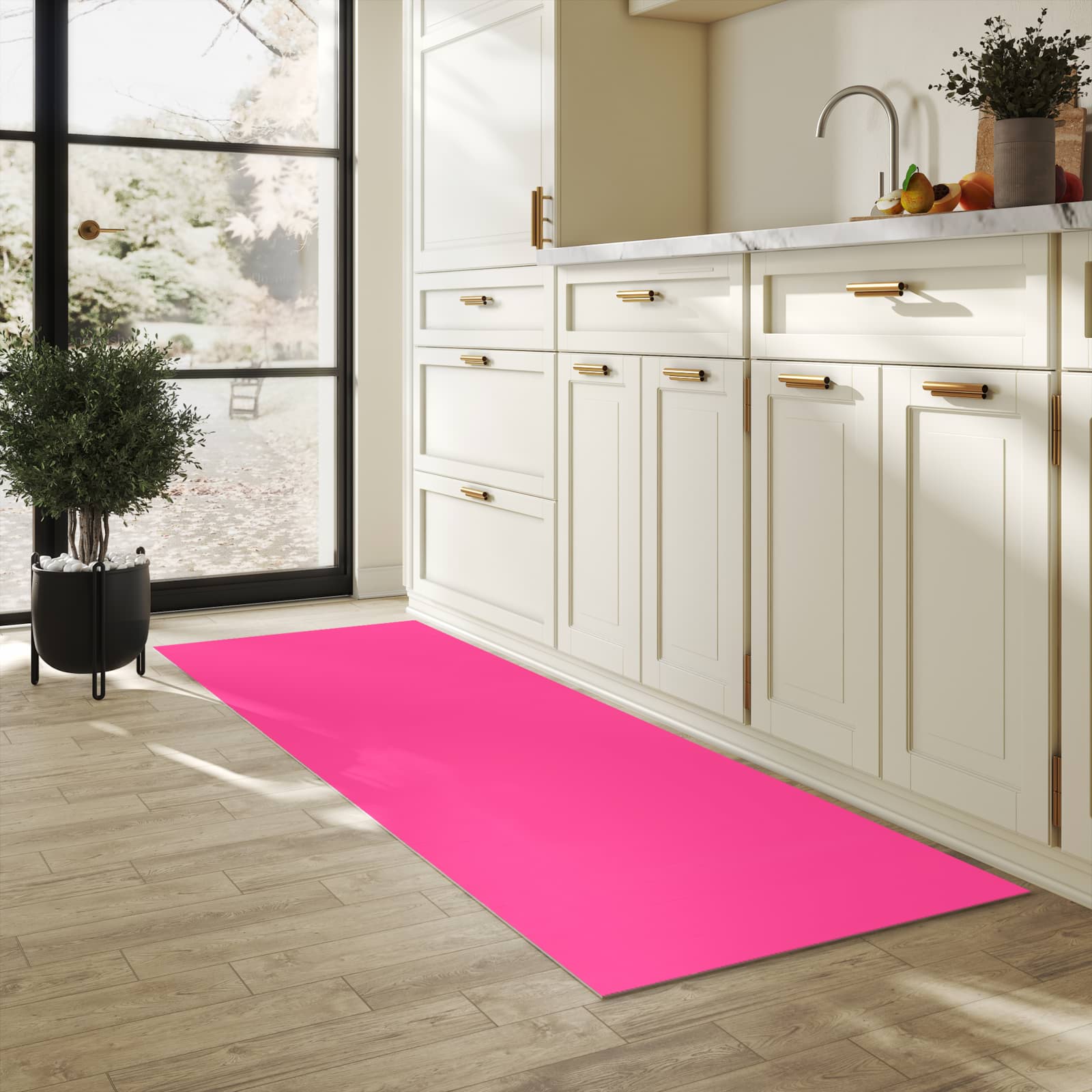 Bodenschonender Küchenteppich mit Motiv Pinker Hintergrund in heller Küche