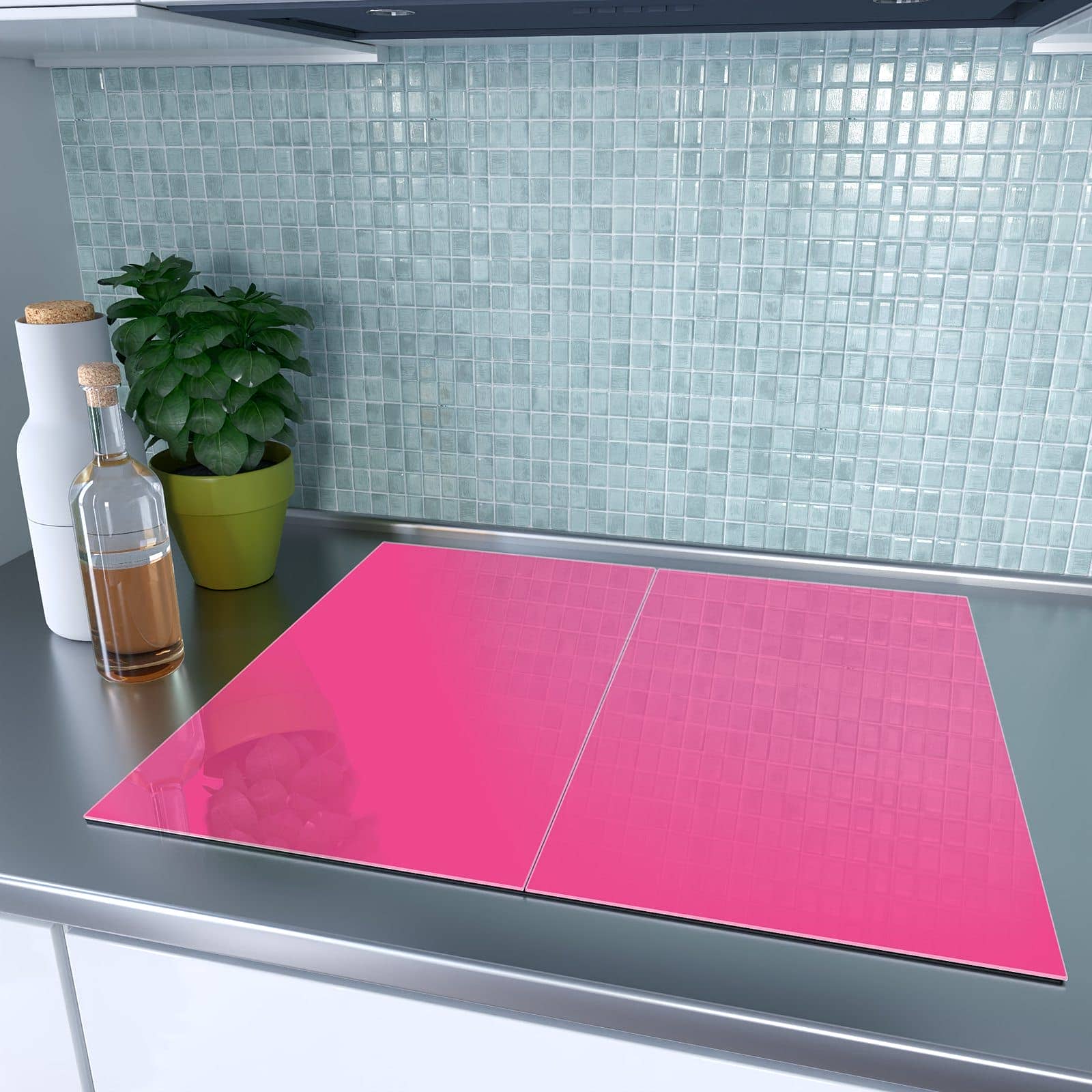 2-teilige Herdabdeckplatte aus Glas mit Pinker Hintergrund-Motiv auf dem Ceranfeld
