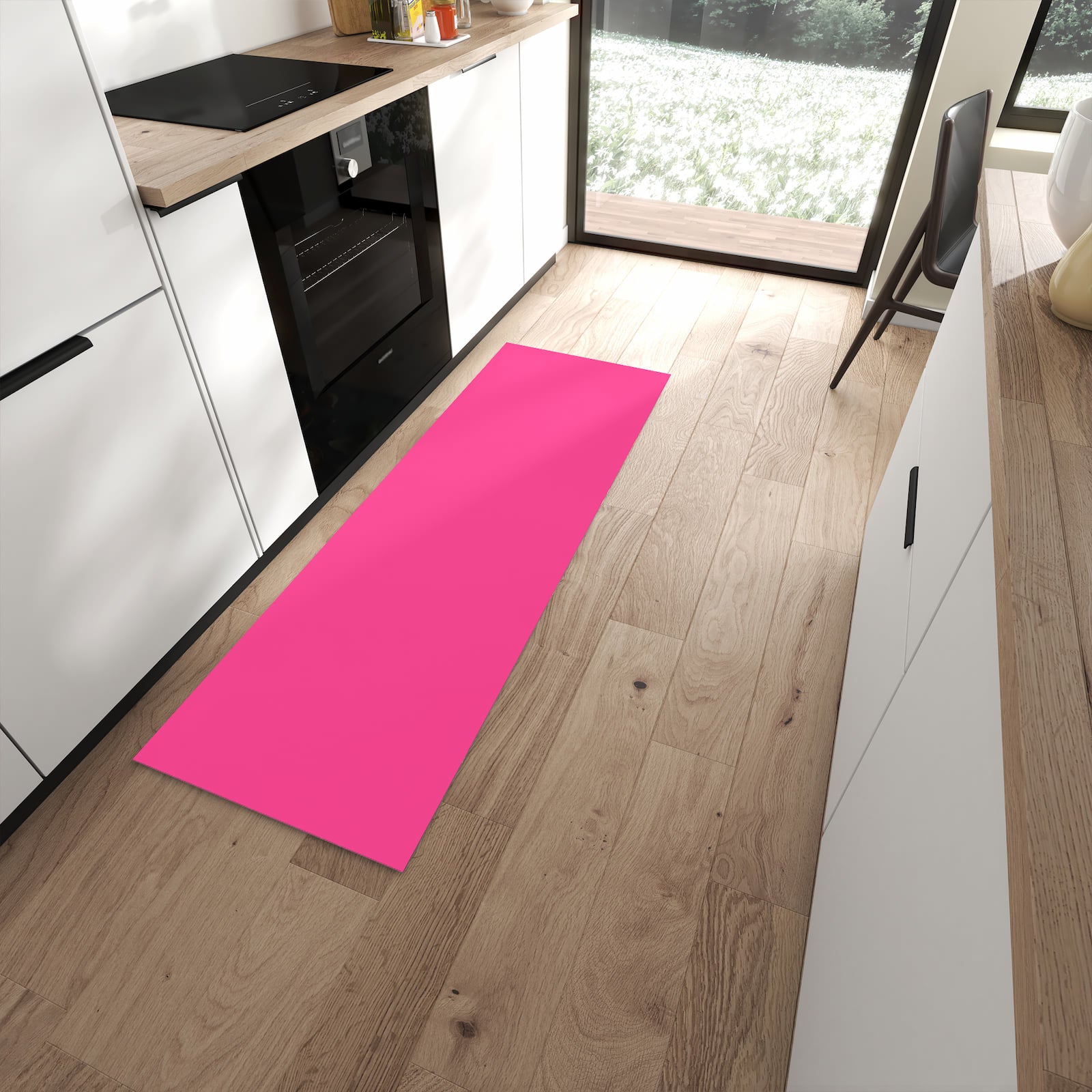 Flacher Küchenläufer mit Motiv Pinker Hintergrund in moderner Küche