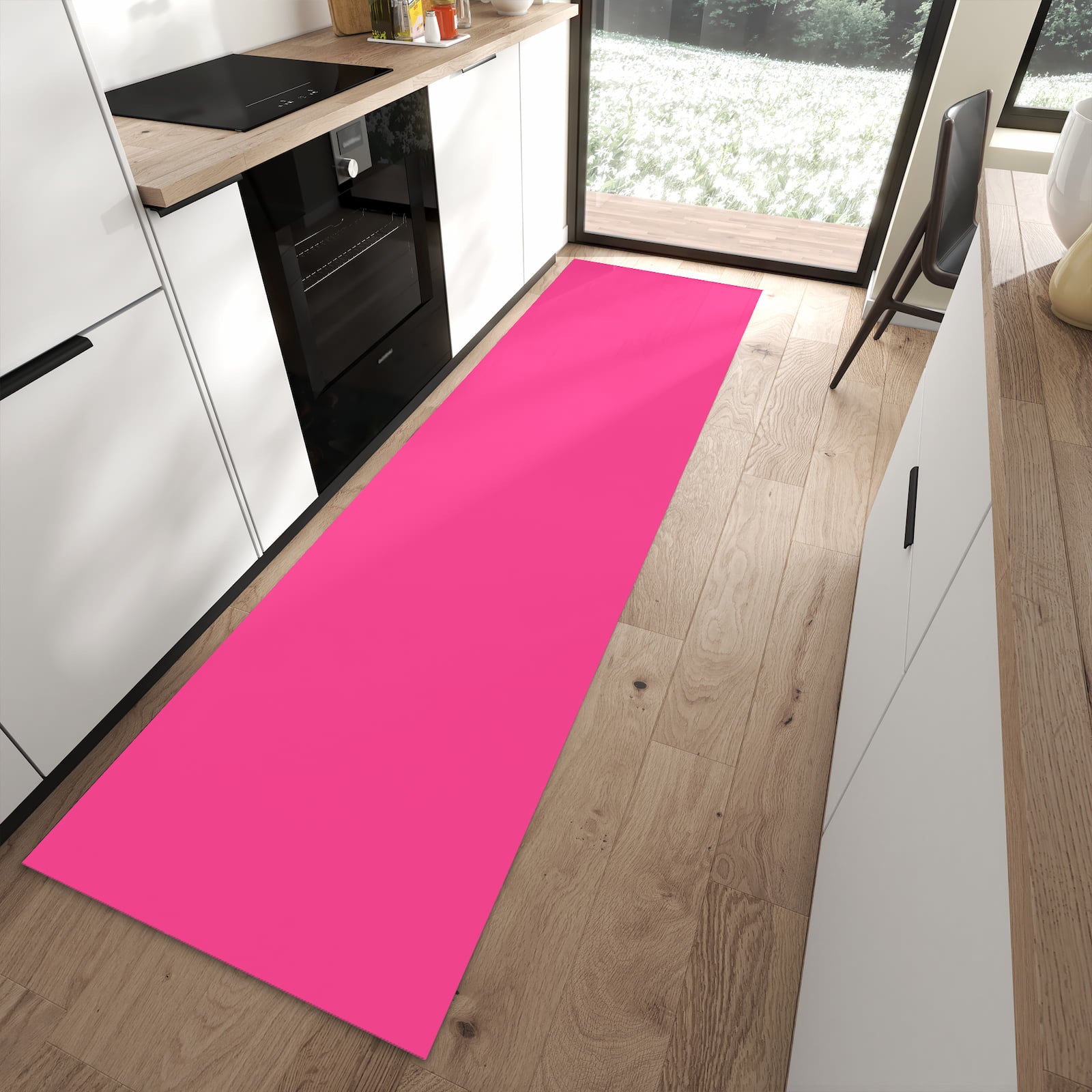 Langlebiger waschbarer Küchenteppich mit Motiv Pinker Hintergrund in moderner Küche