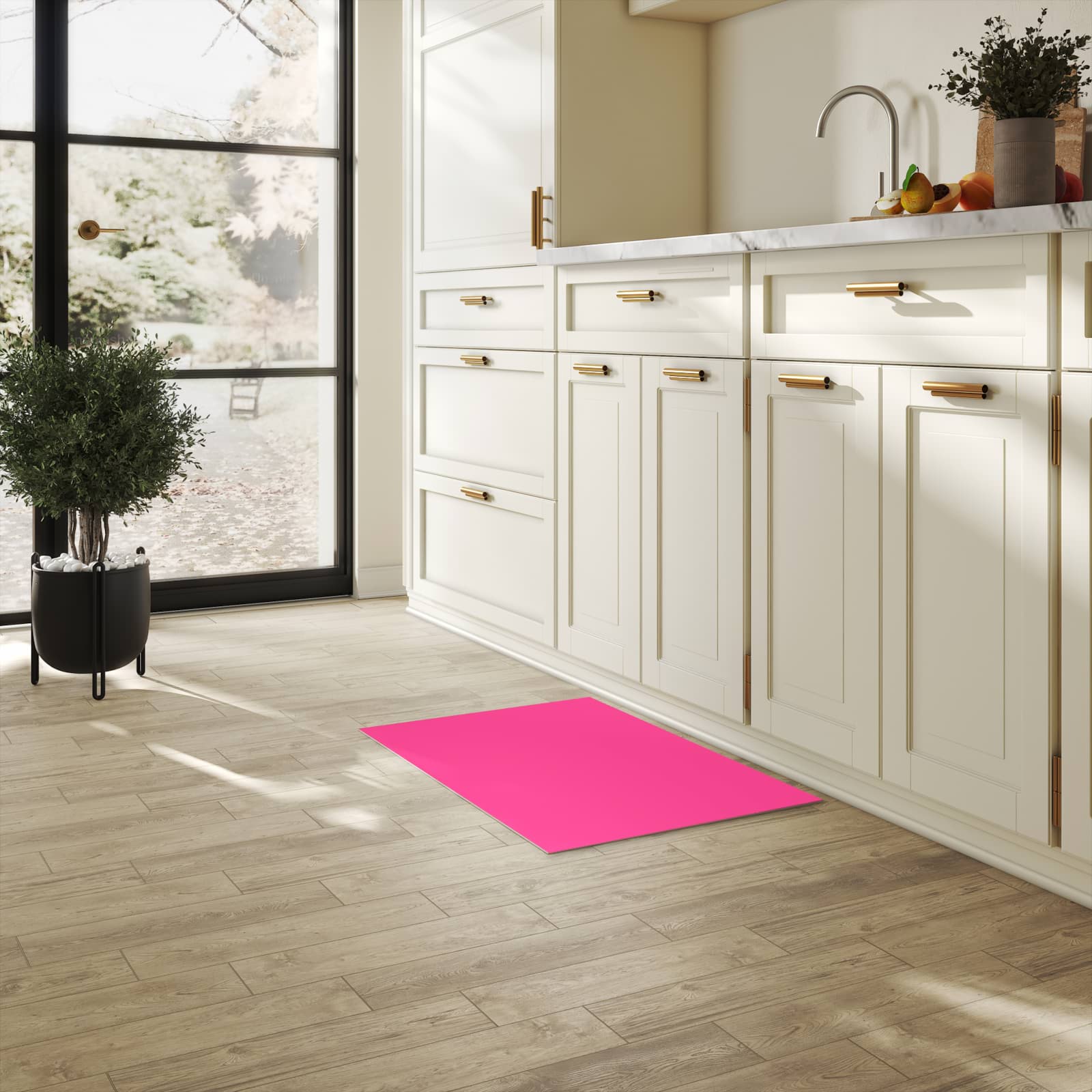 Bodenschonender Küchenteppich mit Motiv Pinker Hintergrund in heller Küche