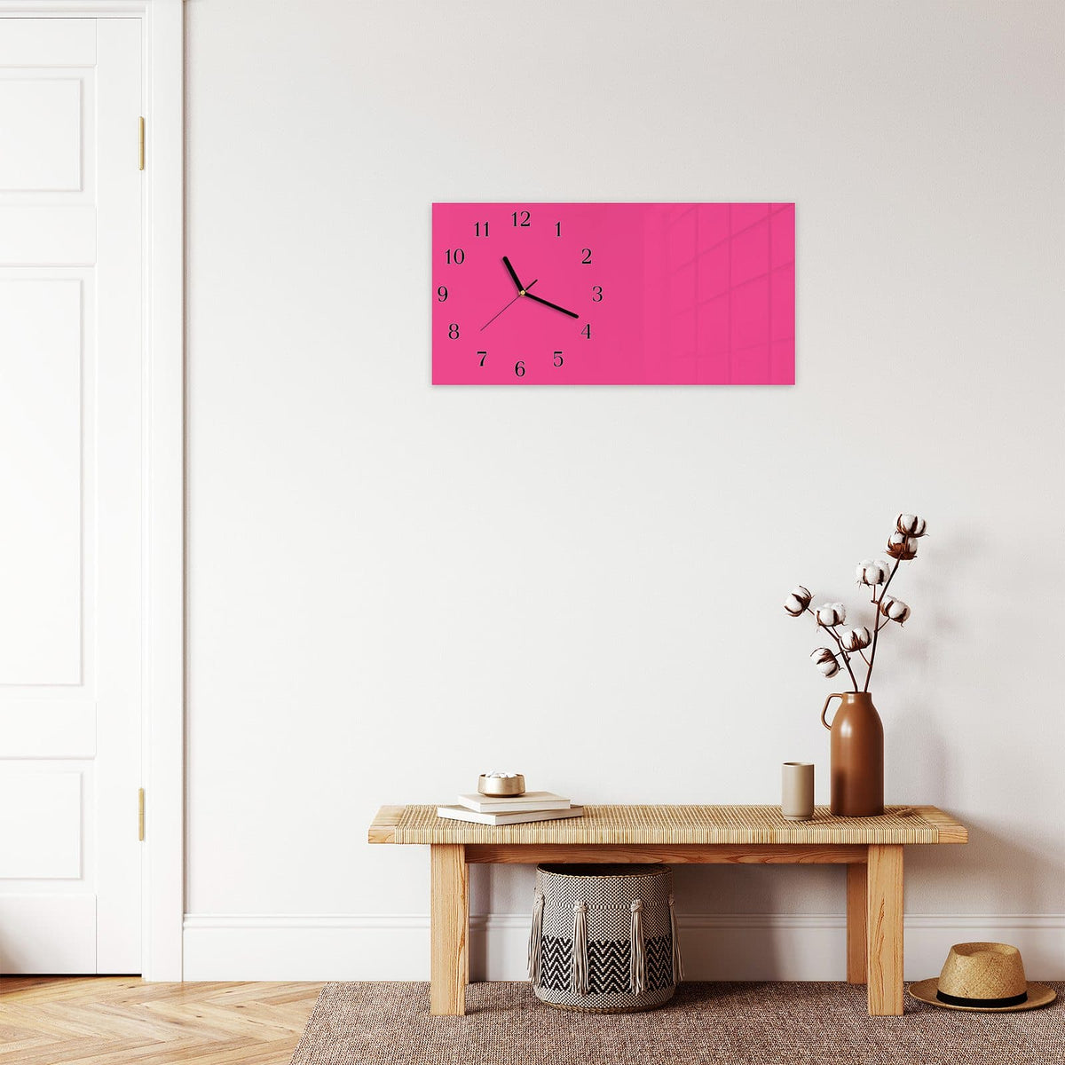 Moderne Wanduhr aus Glas mit Farbtiefe – Wanduhr Pinker Hintergrund aus Glas – Querformat 60 × 30 cm
