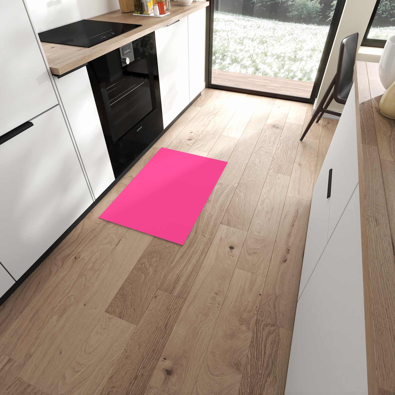 Hygienischer rutschfester Küchenteppich mit Motiv Pinker Hintergrund in moderner Küche