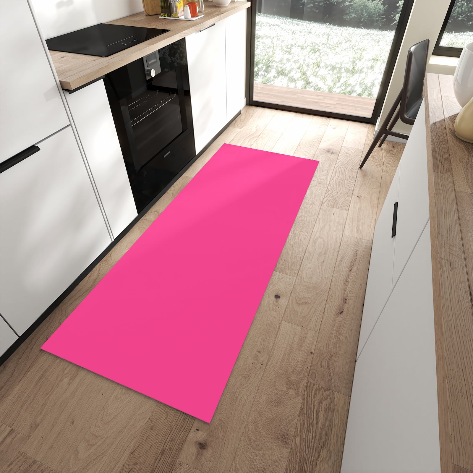 Strapazierfähiger Küchenteppich mit Motiv Pinker Hintergrund in moderner Küche