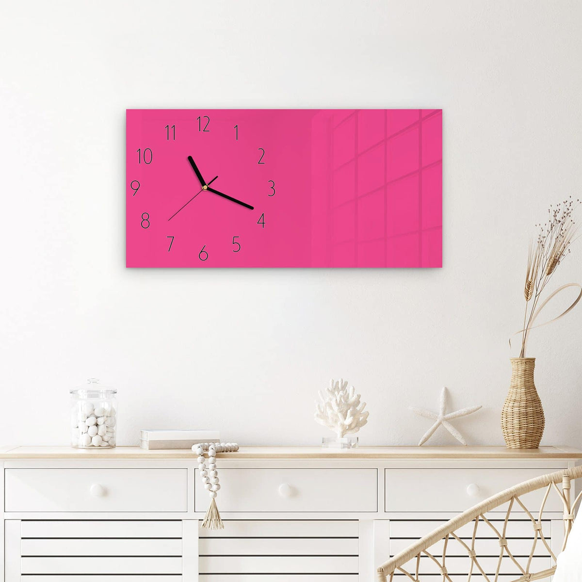 Wanduhr Pinker Hintergrund aus Glas – Querformat 60 × 30 cm – Fröhliches Pink in reiner Fläche