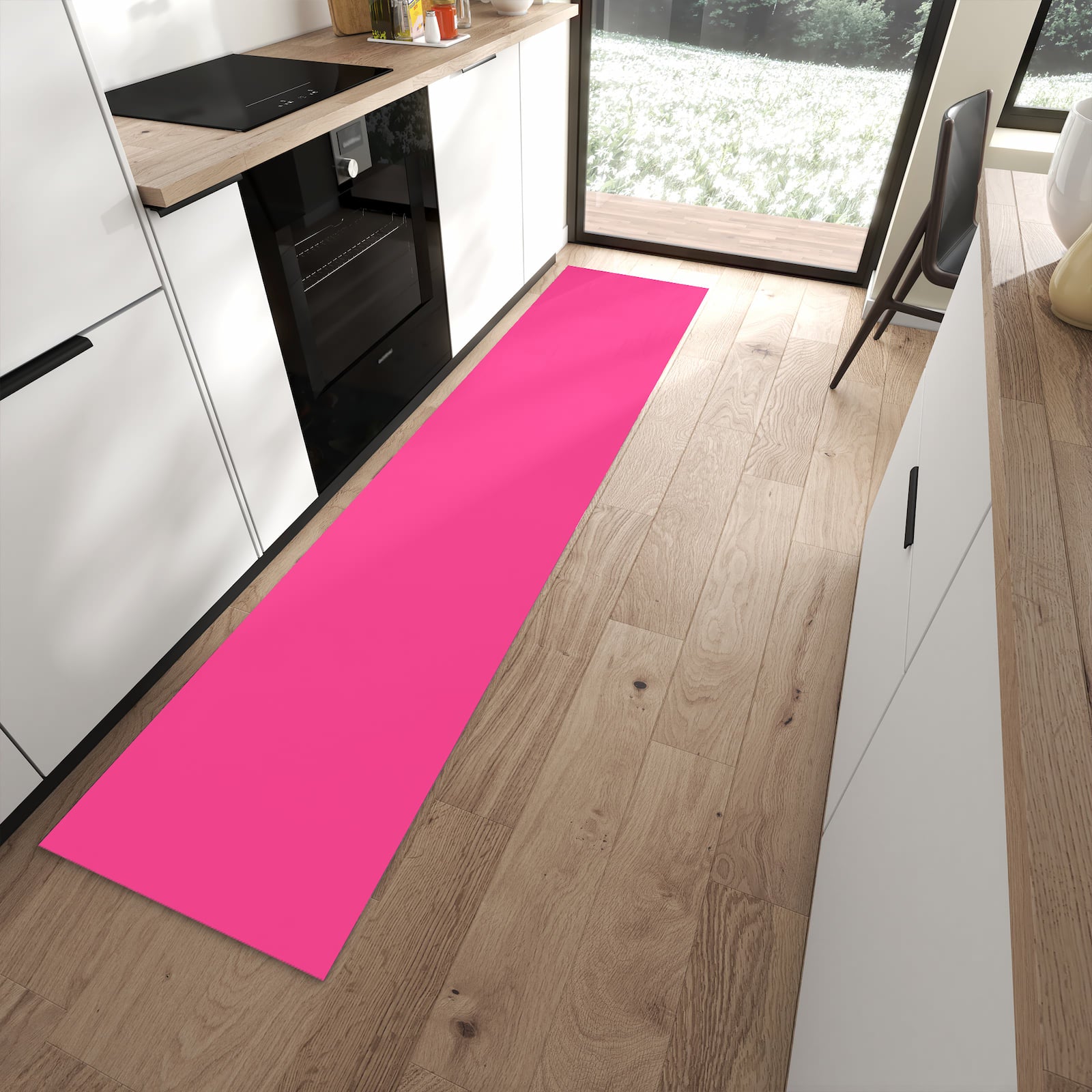 Waschbarer Küchenteppich mit Motiv Pinker Hintergrund in moderner Küche