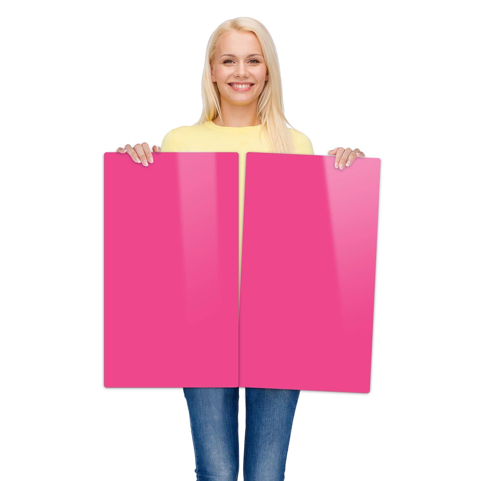 2-teilige Ceranfeldabdeckungen mit Pinker Hintergrund-Motiv werden zur Größendarstellung gehalten