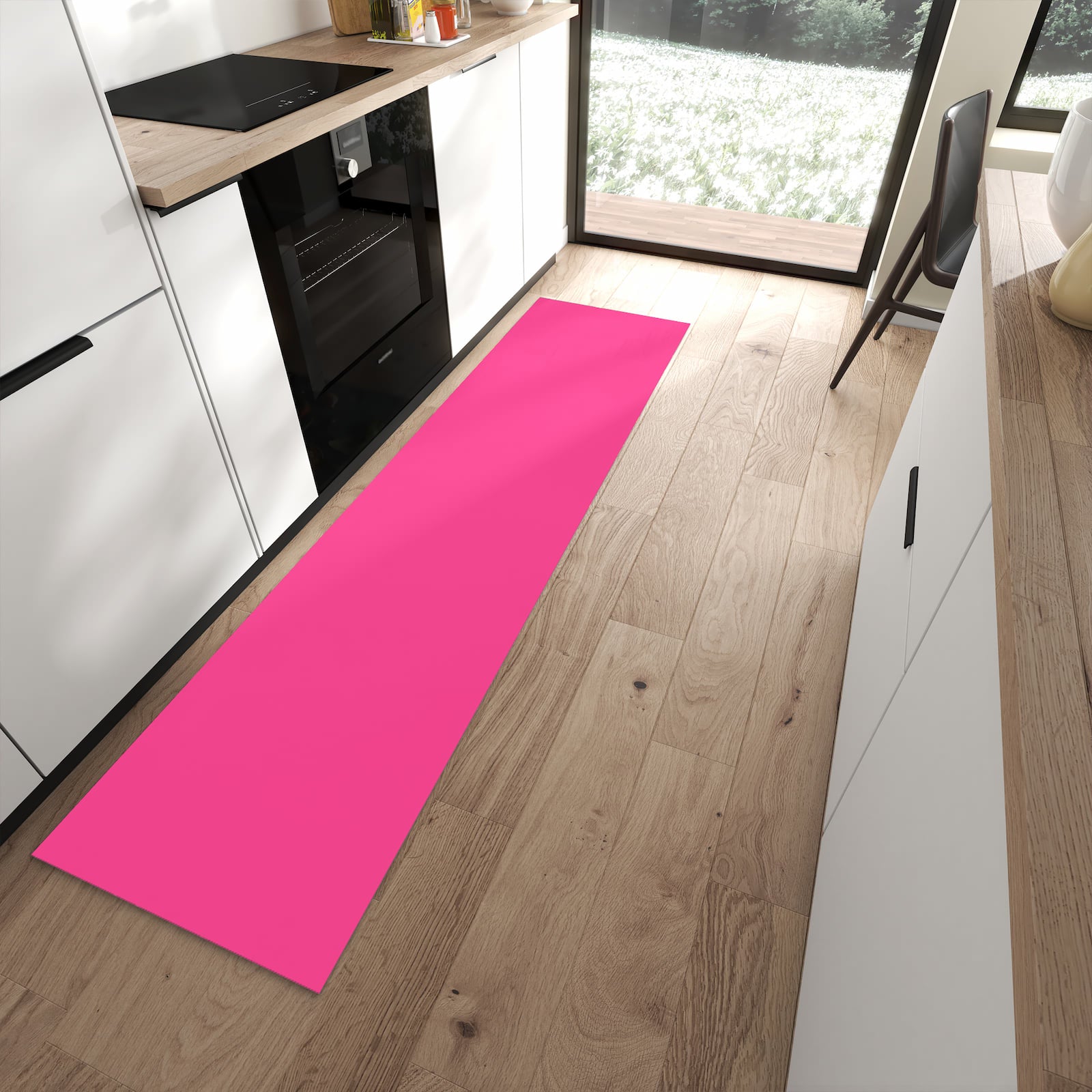 Rutschfester Küchenteppich mit Motiv Pinker Hintergrund in moderner Küche