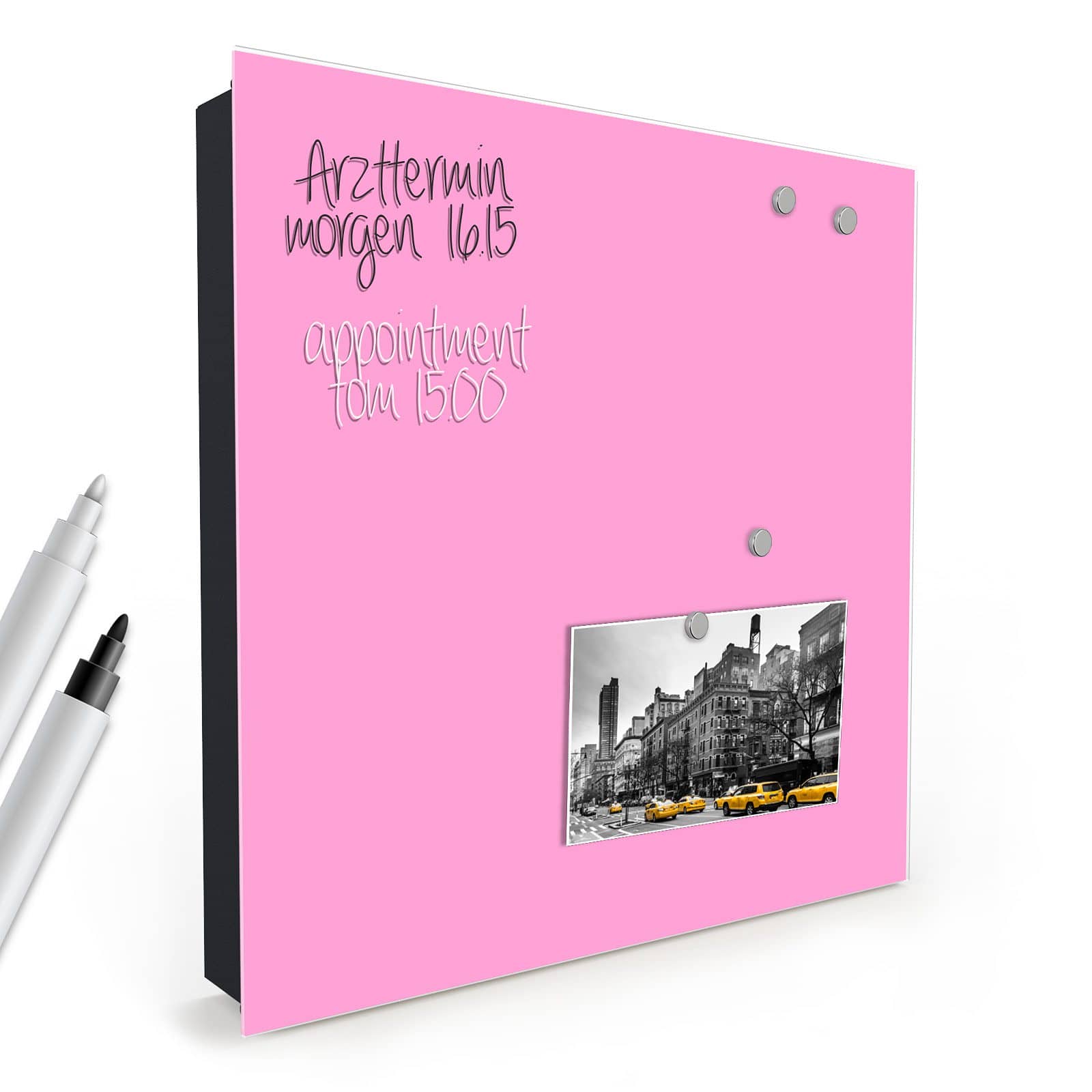 Universeller Schlüsselkasten mit Motiv Rosa Hintergrund in schräger Produktansicht mit Zubehör