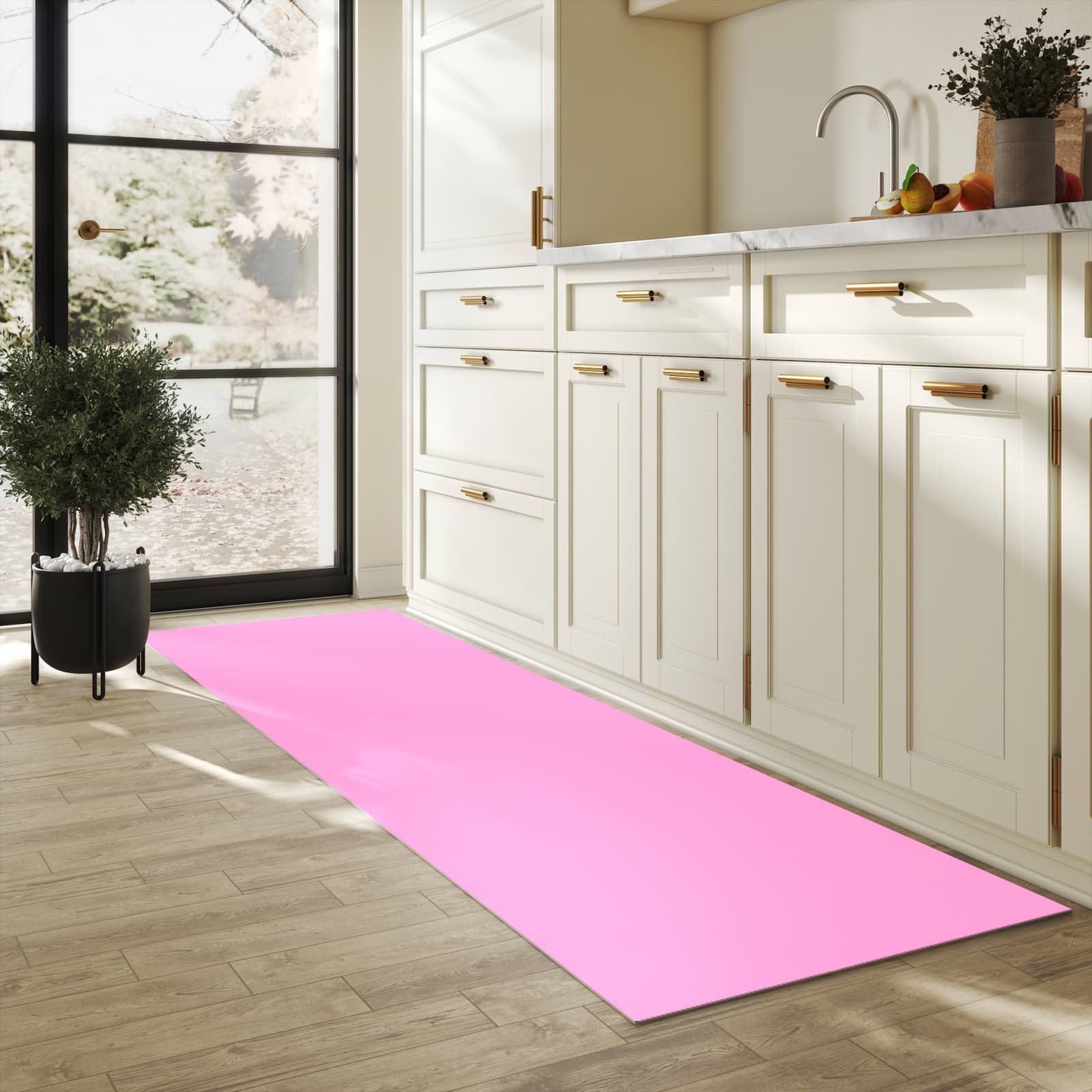 Komfortabler rutschfester Küchenläufer mit Motiv Rosa Hintergrund in heller Küche