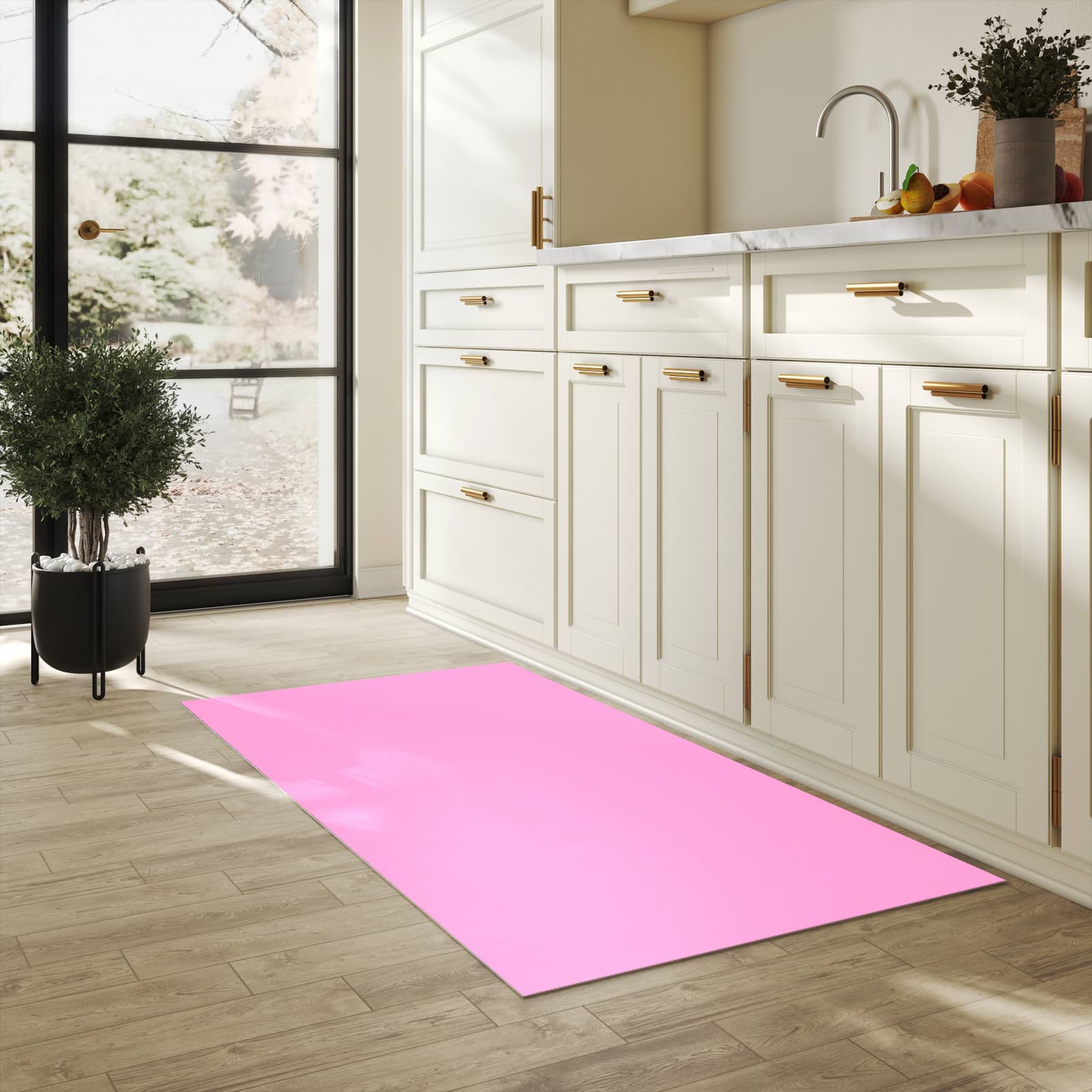 Pflegeleichter Küchenläufer nach Maß mit Motiv Rosa Hintergrund in heller Küche