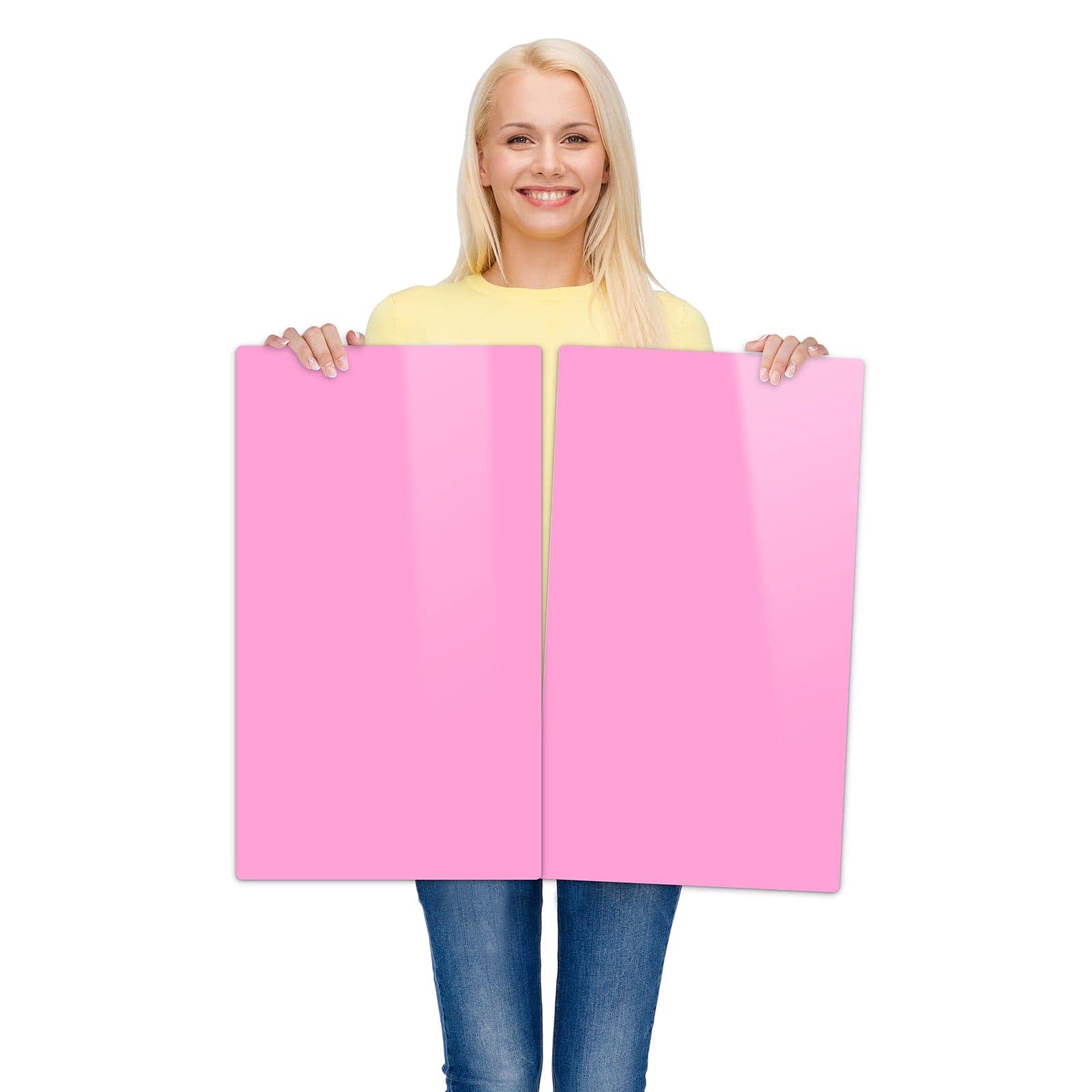 2-teilige Herdabdeckplatte für Ceranfeld mit Rosa Hintergrund-Motiv wird zur Größendarstellung gehalten