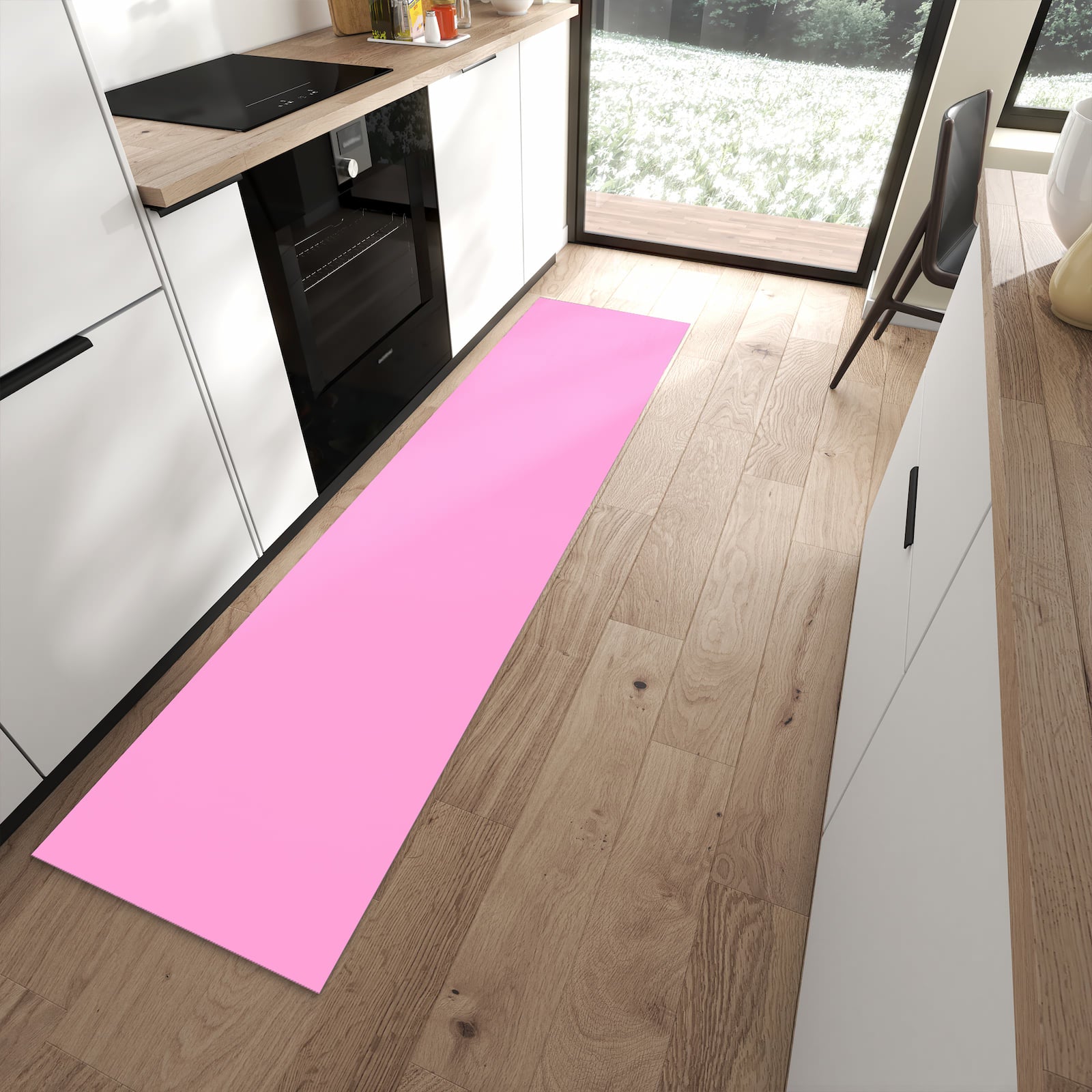 Formstabiler Küchenläufer mit Motiv Rosa Hintergrund in moderner Küche