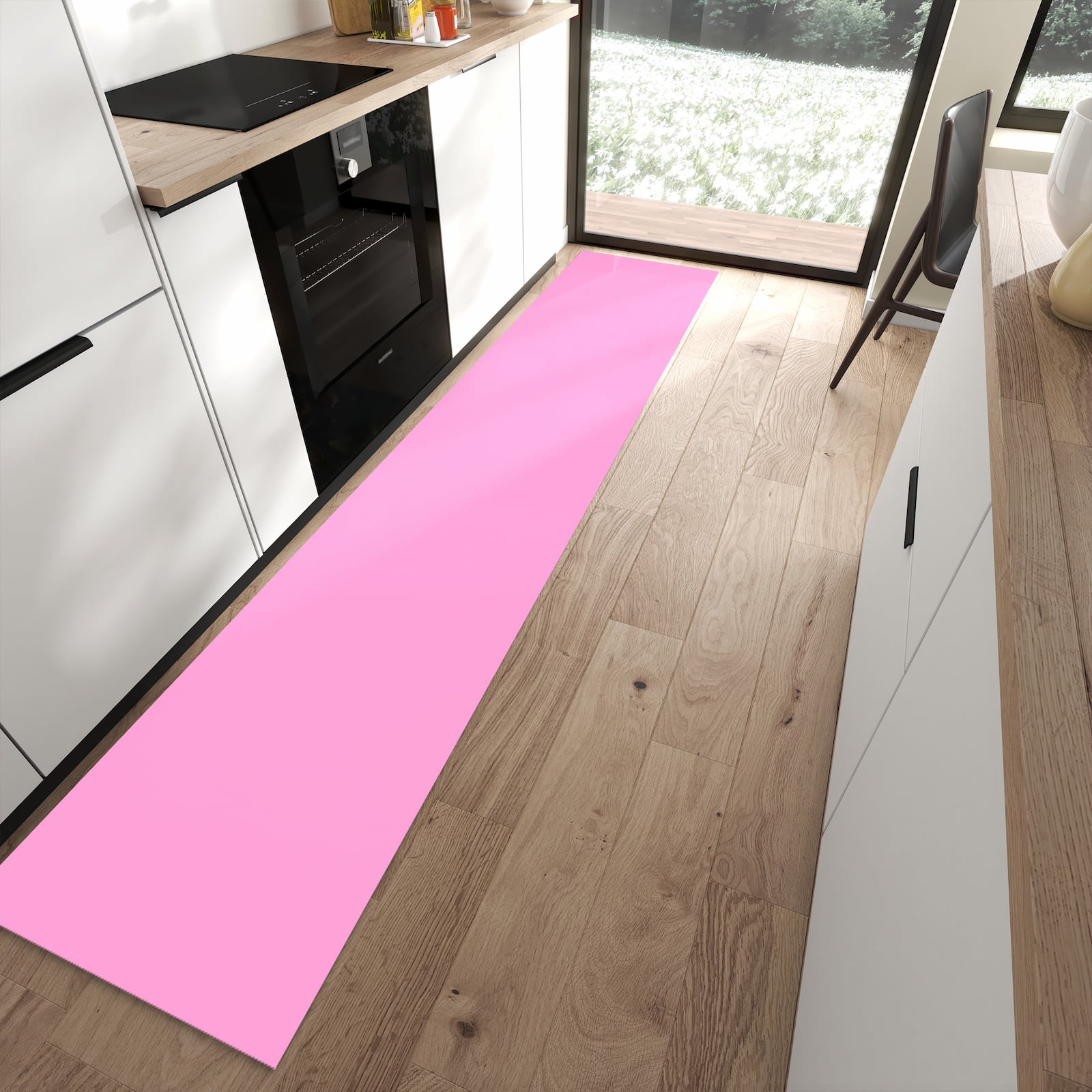 Zeitsparender abwaschbarer Küchenteppich mit Motiv Rosa Hintergrund in moderner Küche