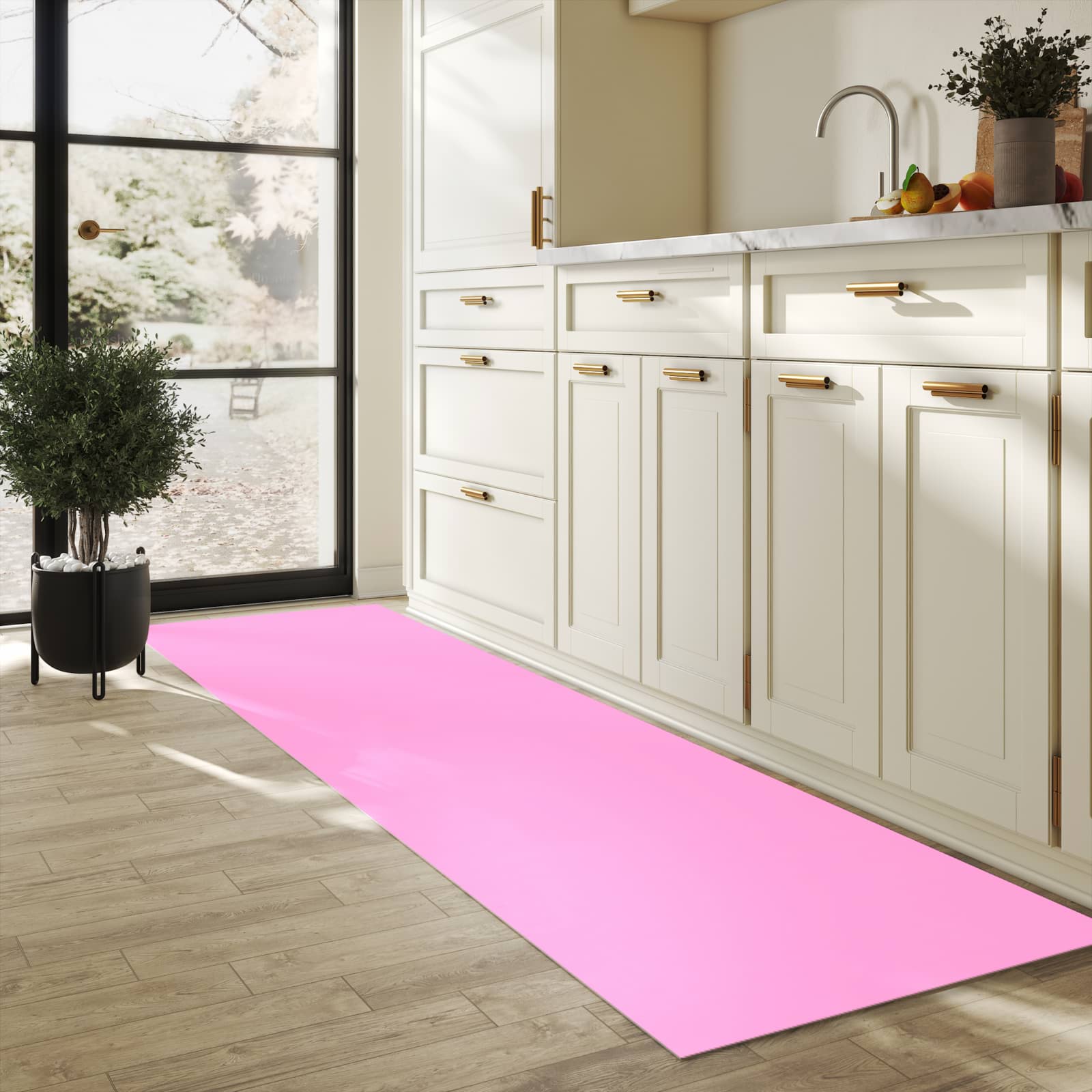 Rutschfester Küchenläufer mit Motiv Rosa Hintergrund in heller Küche