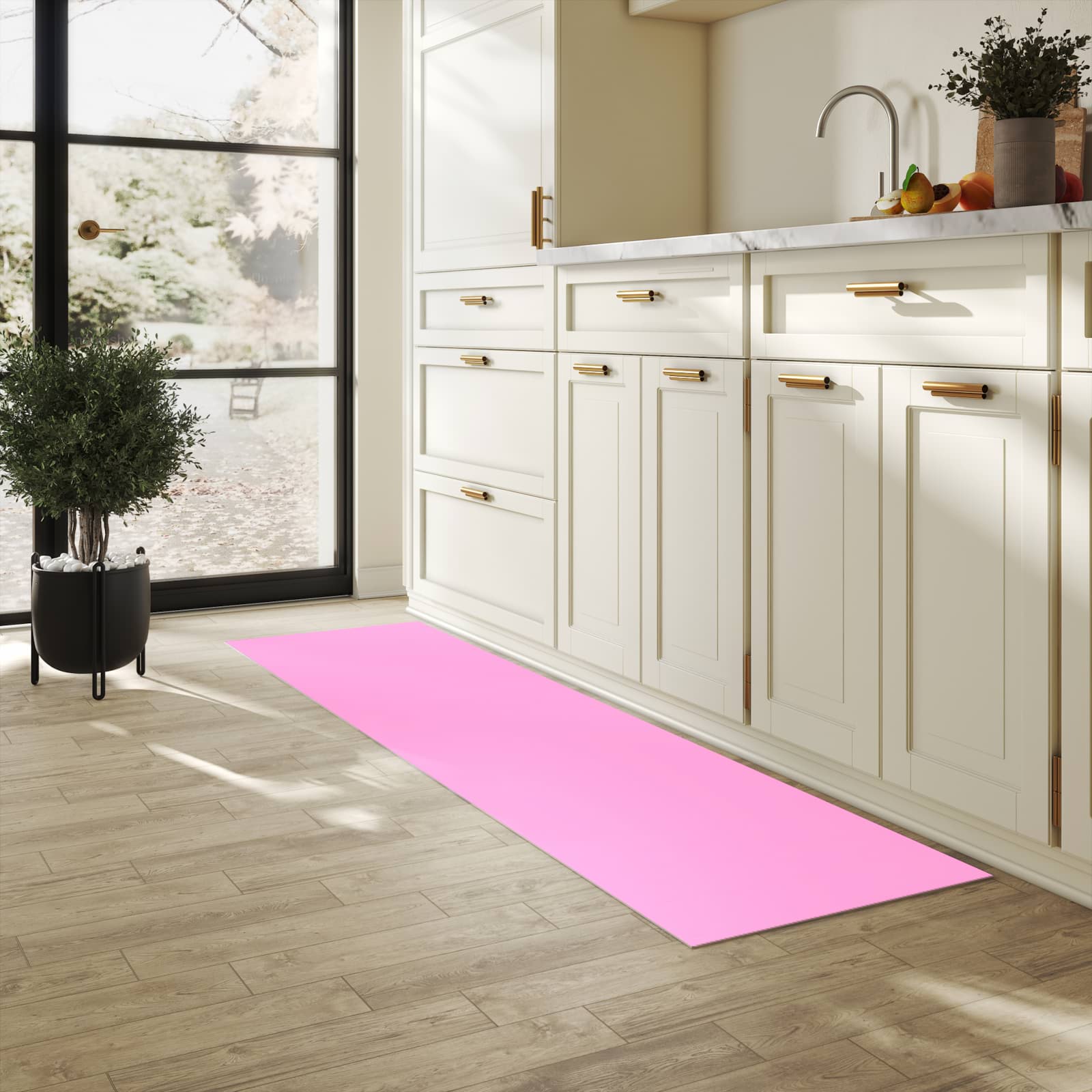 Fleckenresistenter Küchenläufer mit Motiv Rosa Hintergrund in heller Küche