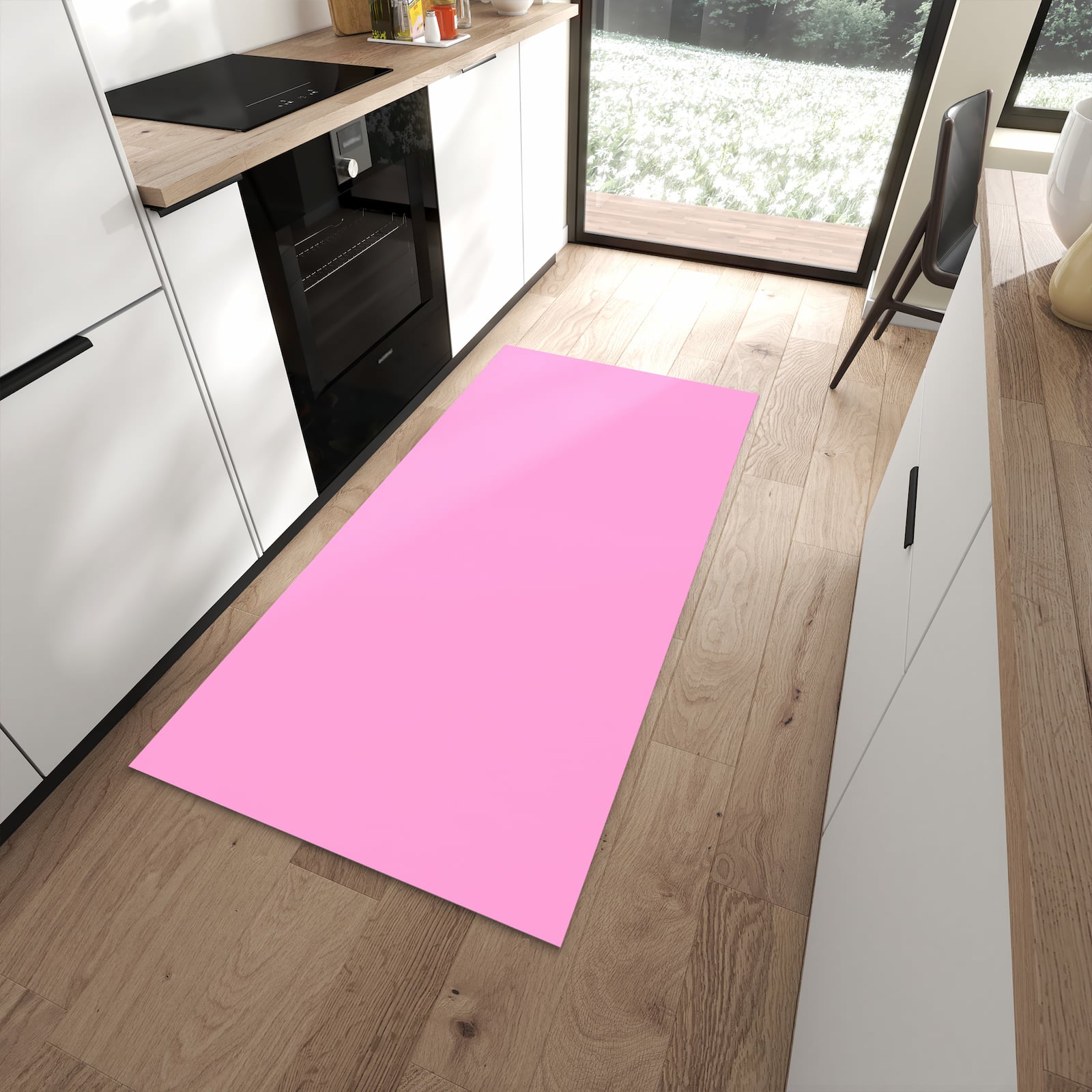 Fleckenresistenter Küchenteppich mit Motiv Rosa Hintergrund in moderner Küche