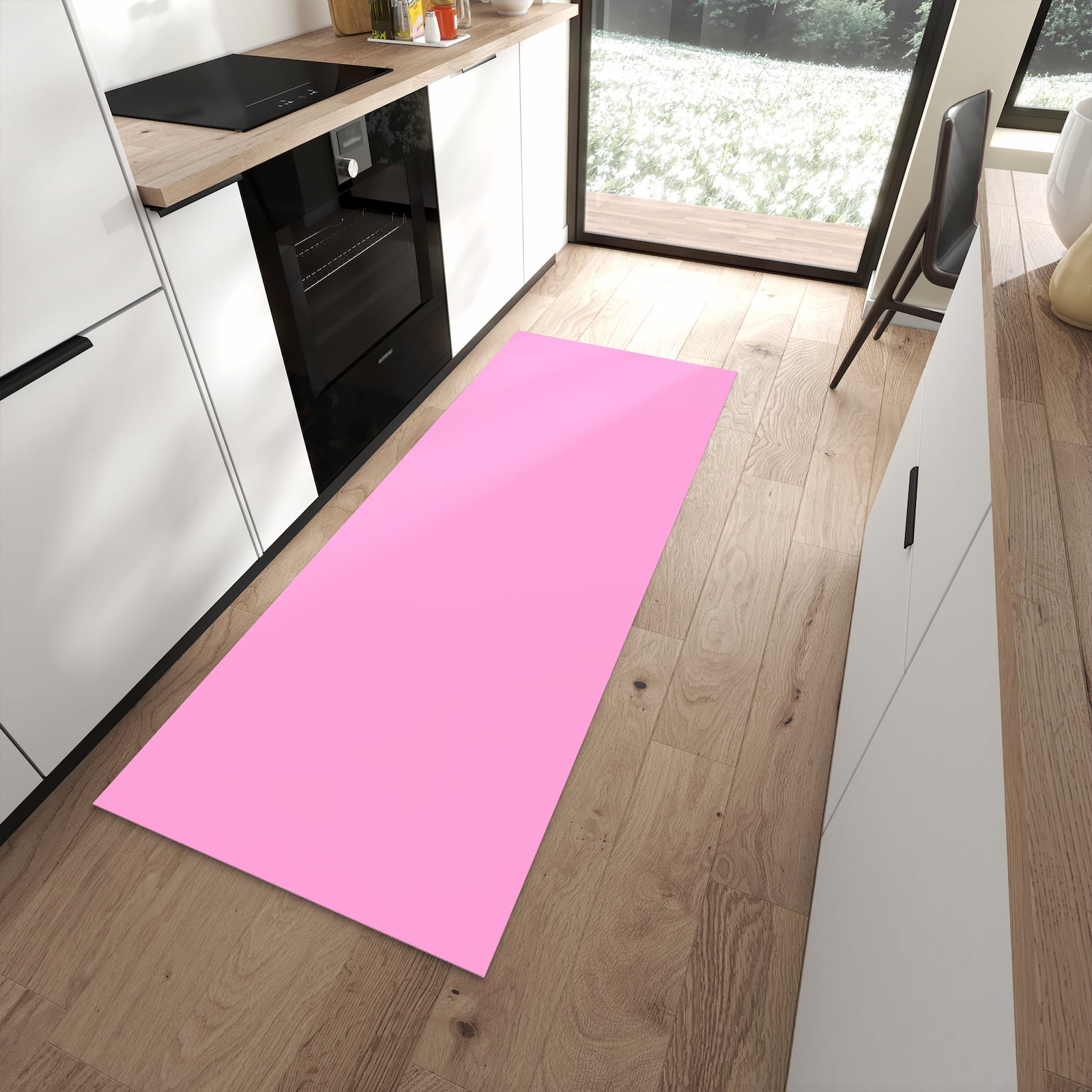 Abriebfester Küchenteppich mit Motiv Rosa Hintergrund in moderner Küche