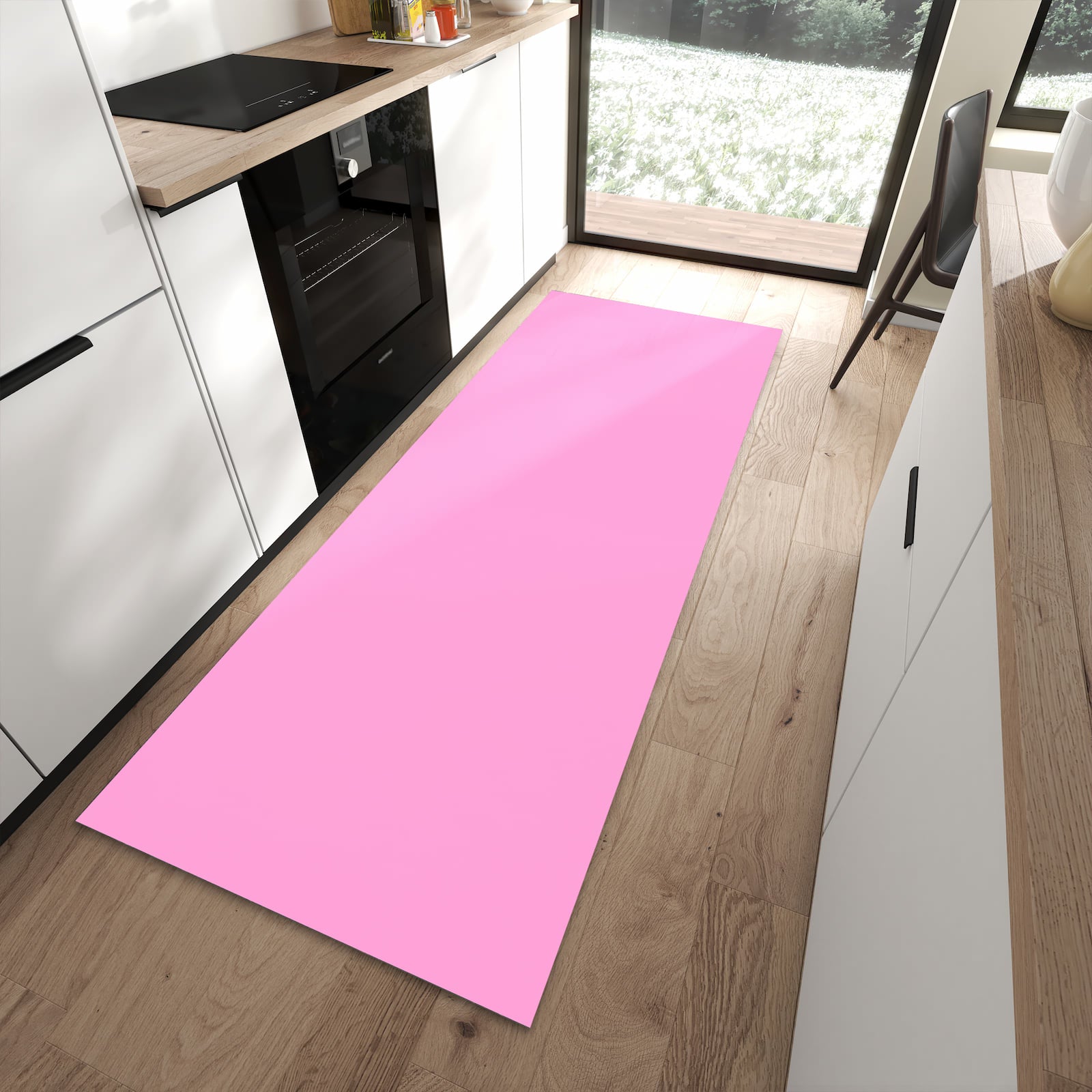 Schmutzabweisender Küchenteppich mit Motiv Rosa Hintergrund in moderner Küche