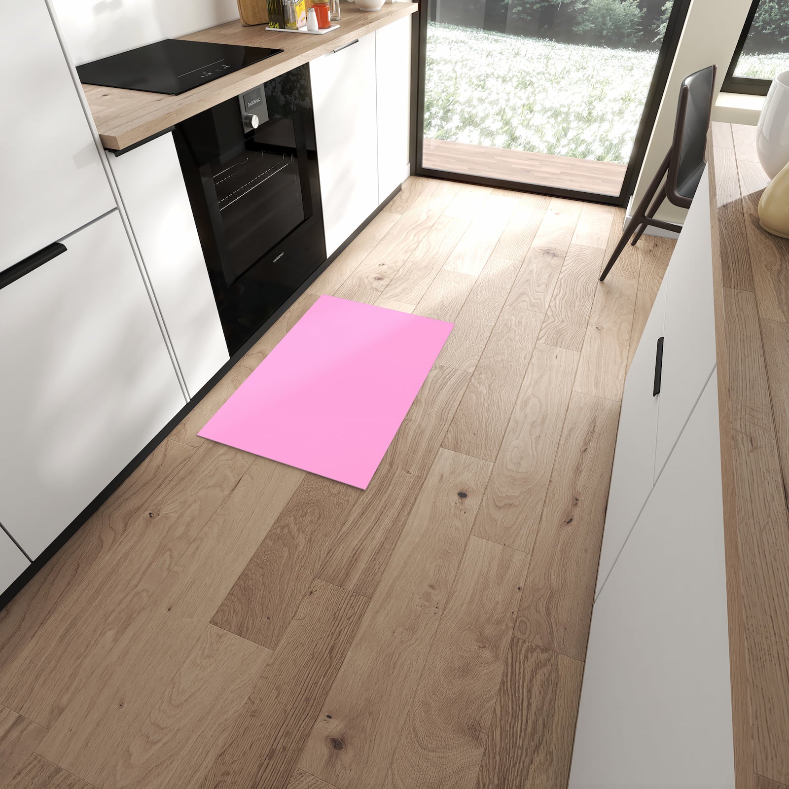 Geräuschdämpfender Küchenteppich mit Motiv Rosa Hintergrund in moderner Küche