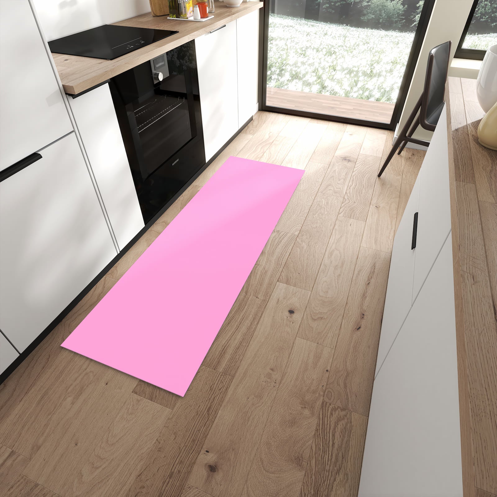 Farbbeständiger Küchenläufer mit Motiv Rosa Hintergrund in moderner Küche zum Waschen