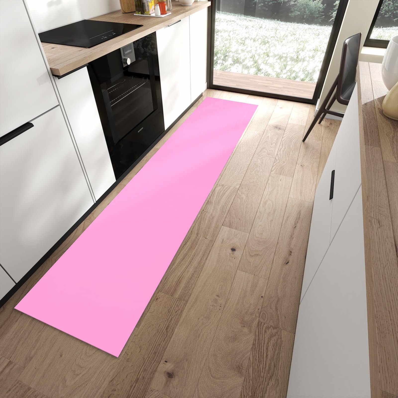 Abwaschbarer Küchenläufer mit Motiv Rosa Hintergrund in moderner Küche