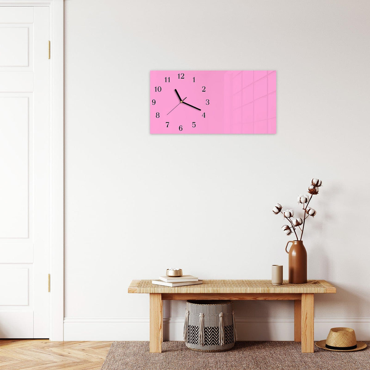 Moderne Wanduhr aus Glas mit Farbtiefe – Wanduhr Rosa Hintergrund aus Glas – Querformat 60 × 30 cm