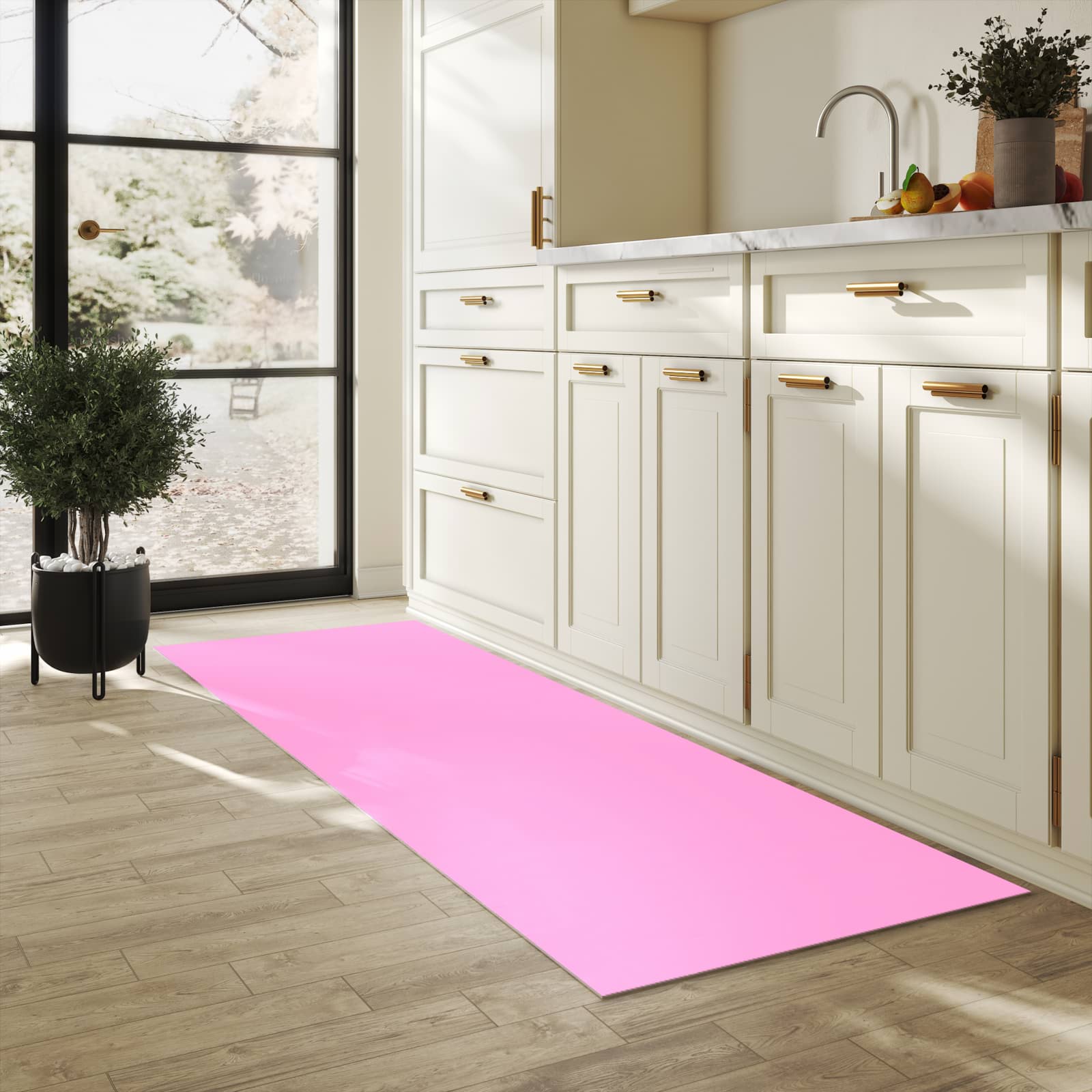 Pflegeleichter waschbarer Küchenläufer mit Motiv Rosa Hintergrund in heller Küche