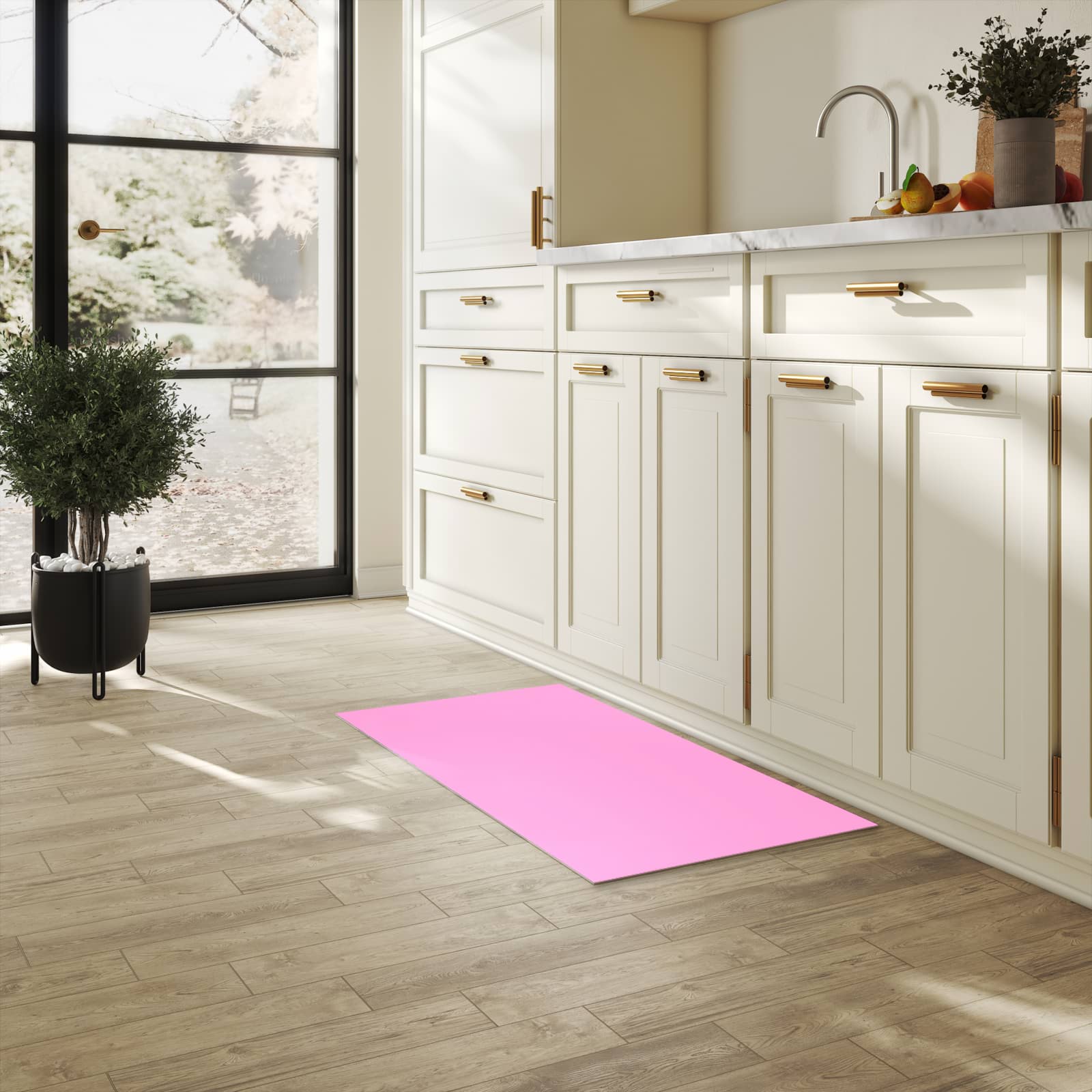 UV-beständiger Küchenteppich mit Motiv Rosa Hintergrund in heller Küche