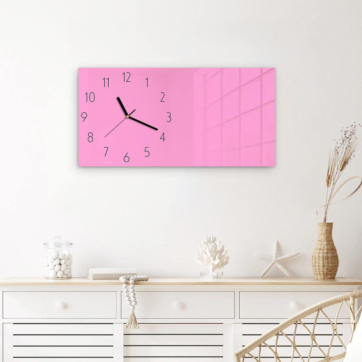 Wanduhr Rosa Hintergrund aus Glas – Querformat 60 × 30 cm – Zartes Rosa als ruhige Fläche