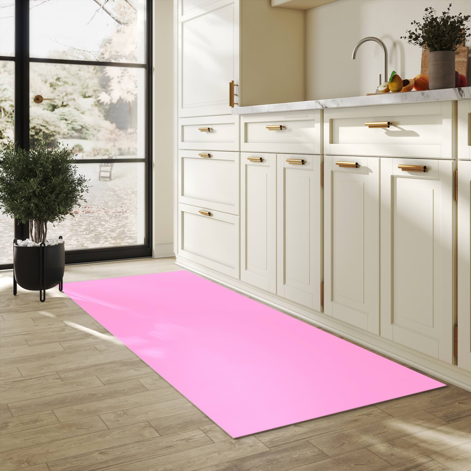 Waschbarer Küchenläufer mit Motiv Rosa Hintergrund in heller Küche für angenehme Haptik