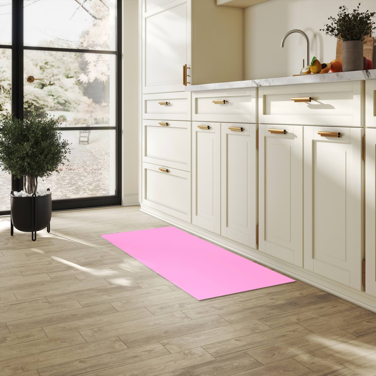 Waschbarer Küchenteppich mit Motiv Rosa Hintergrund für Trittkomfort in heller Küche