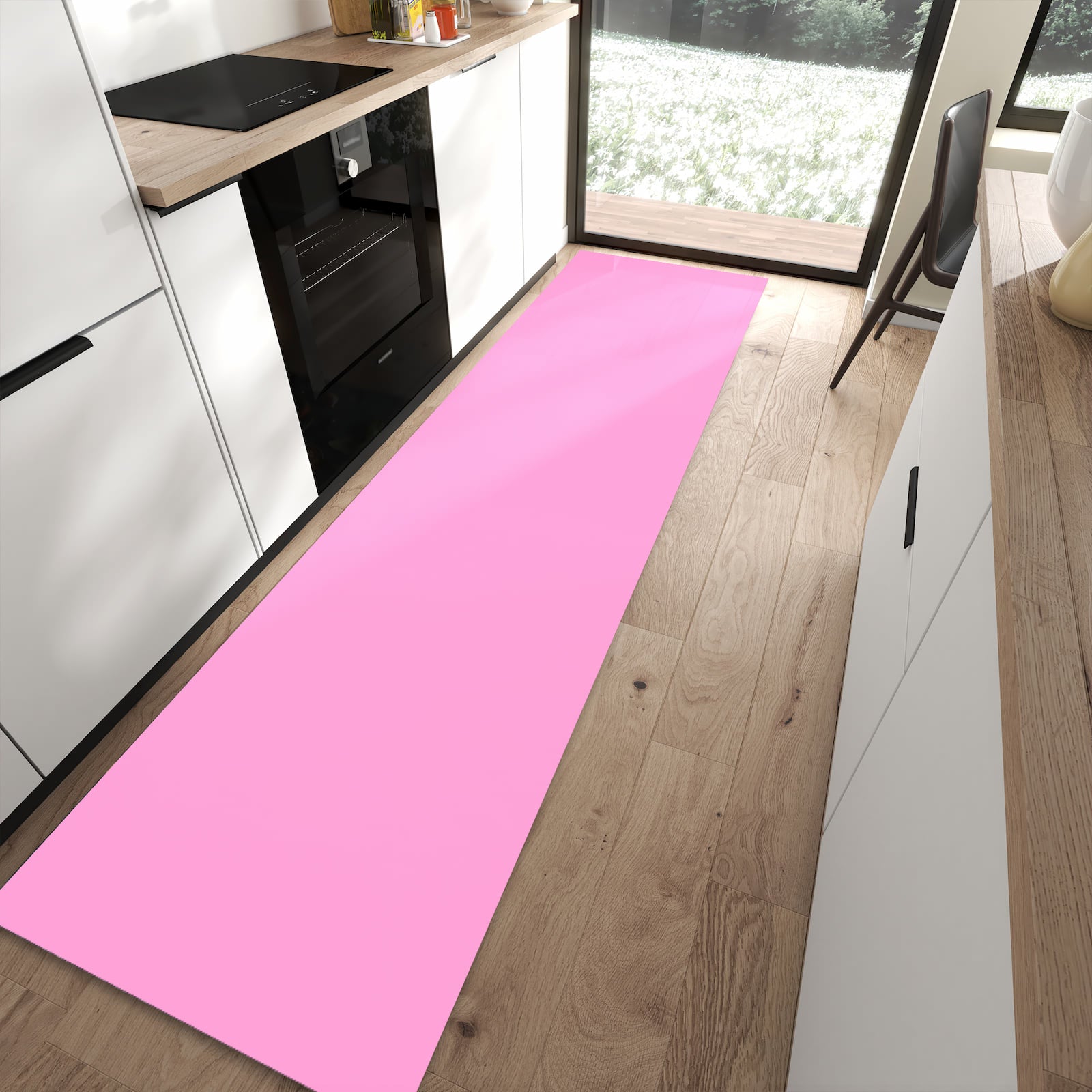 Wasserabweisender Teppich für die Küche mit Motiv Rosa Hintergrund in moderner Küche