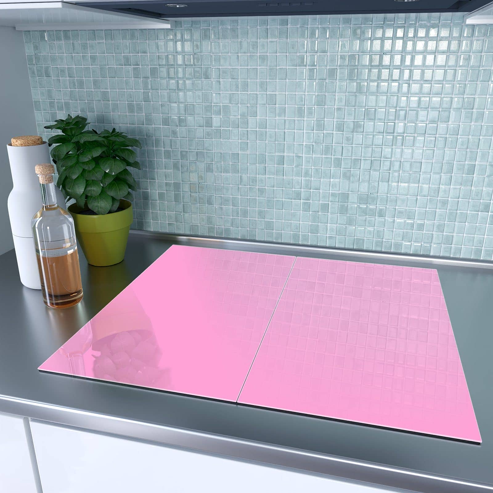 2-teilige Glasabdeckplatte für Ceranfeld mit Rosa Hintergrund-Motiv auf dem Ceranfeld